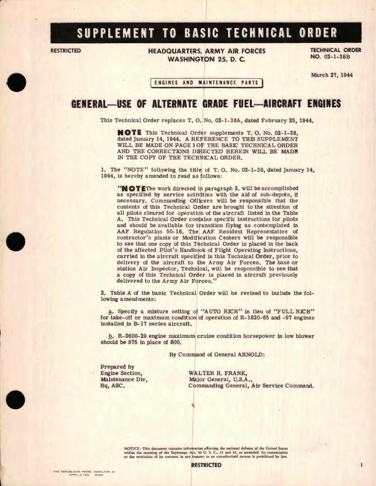 Sample page 1 from AirCorps Library document: Supplement, General - Use of Alternate Grade Fuel - Aircraft Engines