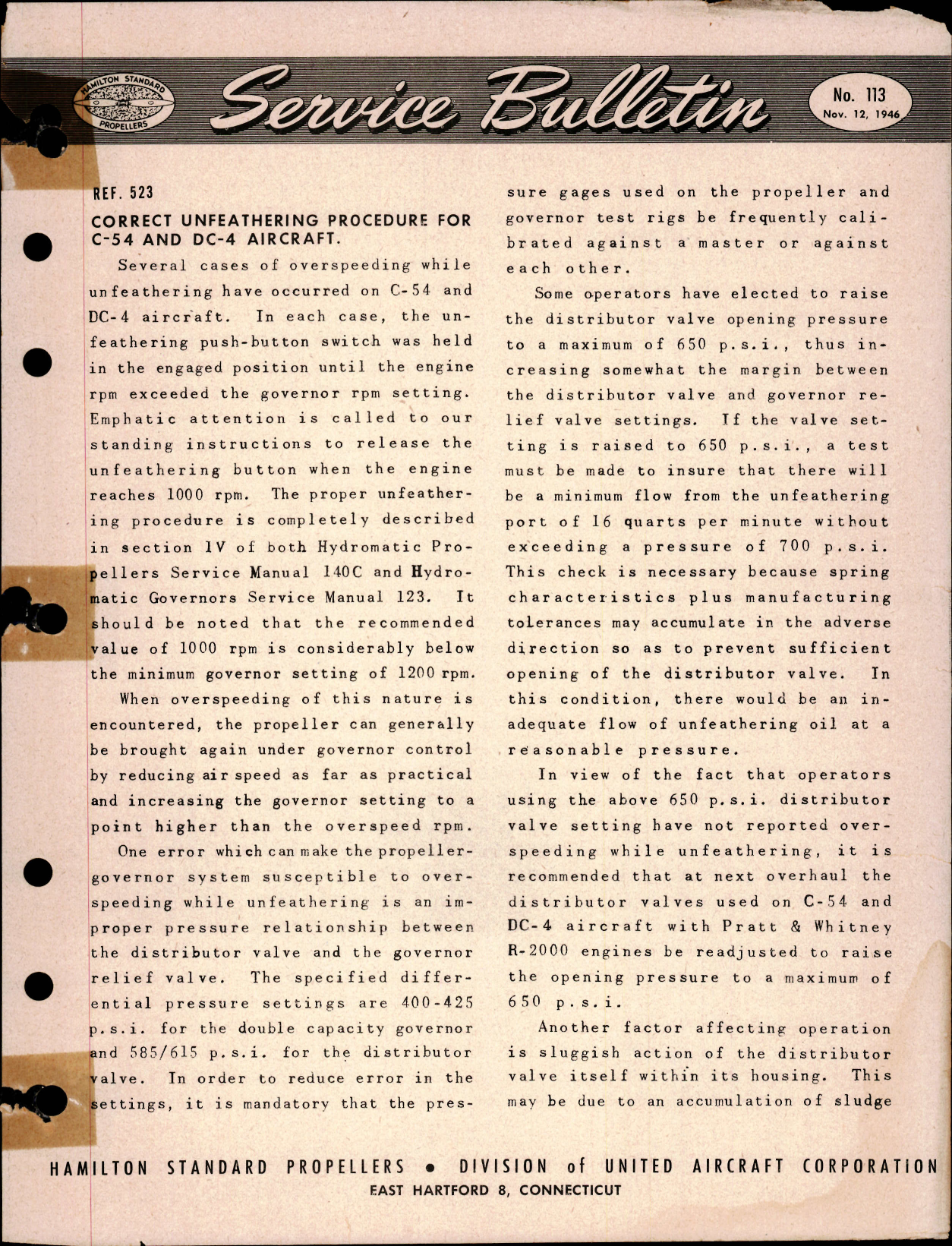 Sample page 1 from AirCorps Library document: Correct Unfeathering Procedure for C-54 and DC-4 Aircraft, Ref 523