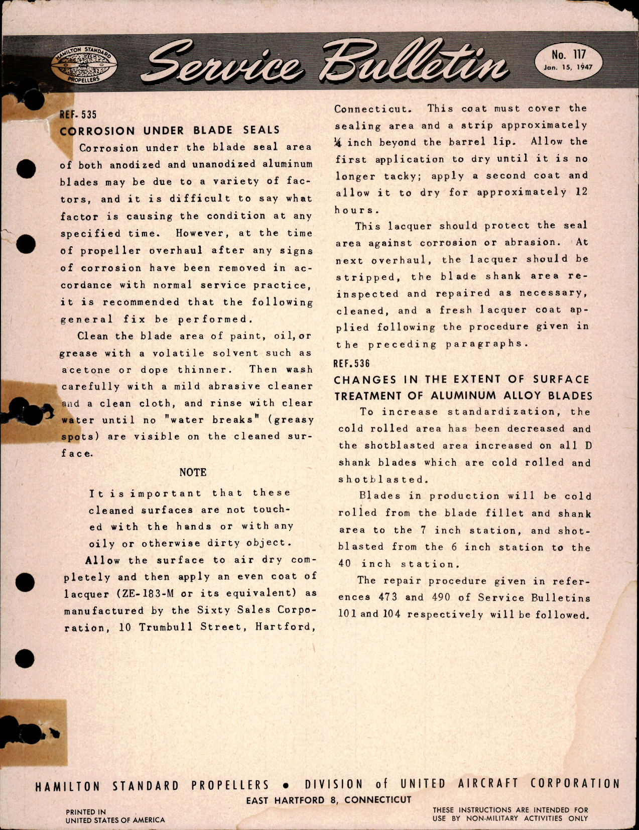 Sample page 1 from AirCorps Library document: Corrosion Under Blade Seals, Ref 535