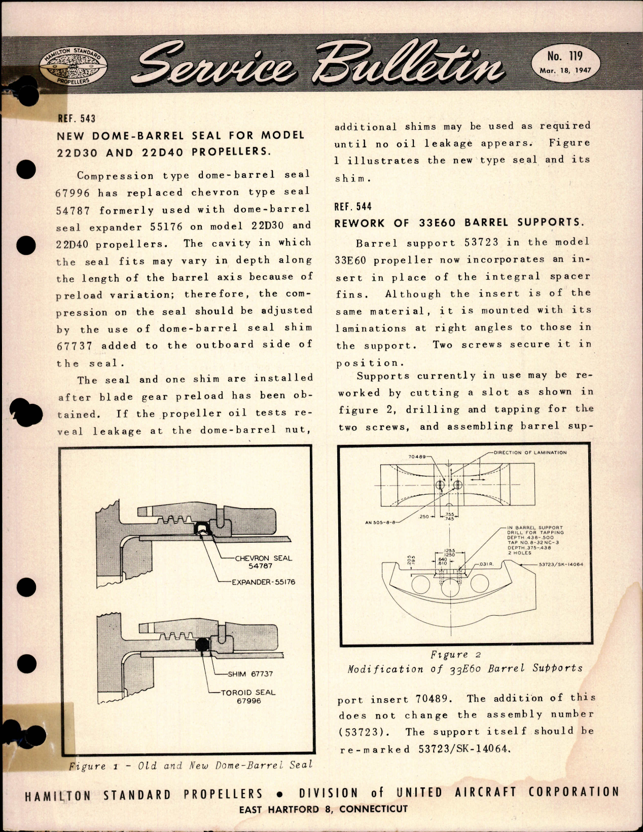 Sample page 1 from AirCorps Library document: New Dome-Barrel Seal for Model 22D30 and 22D40 Propellers, Ref 543