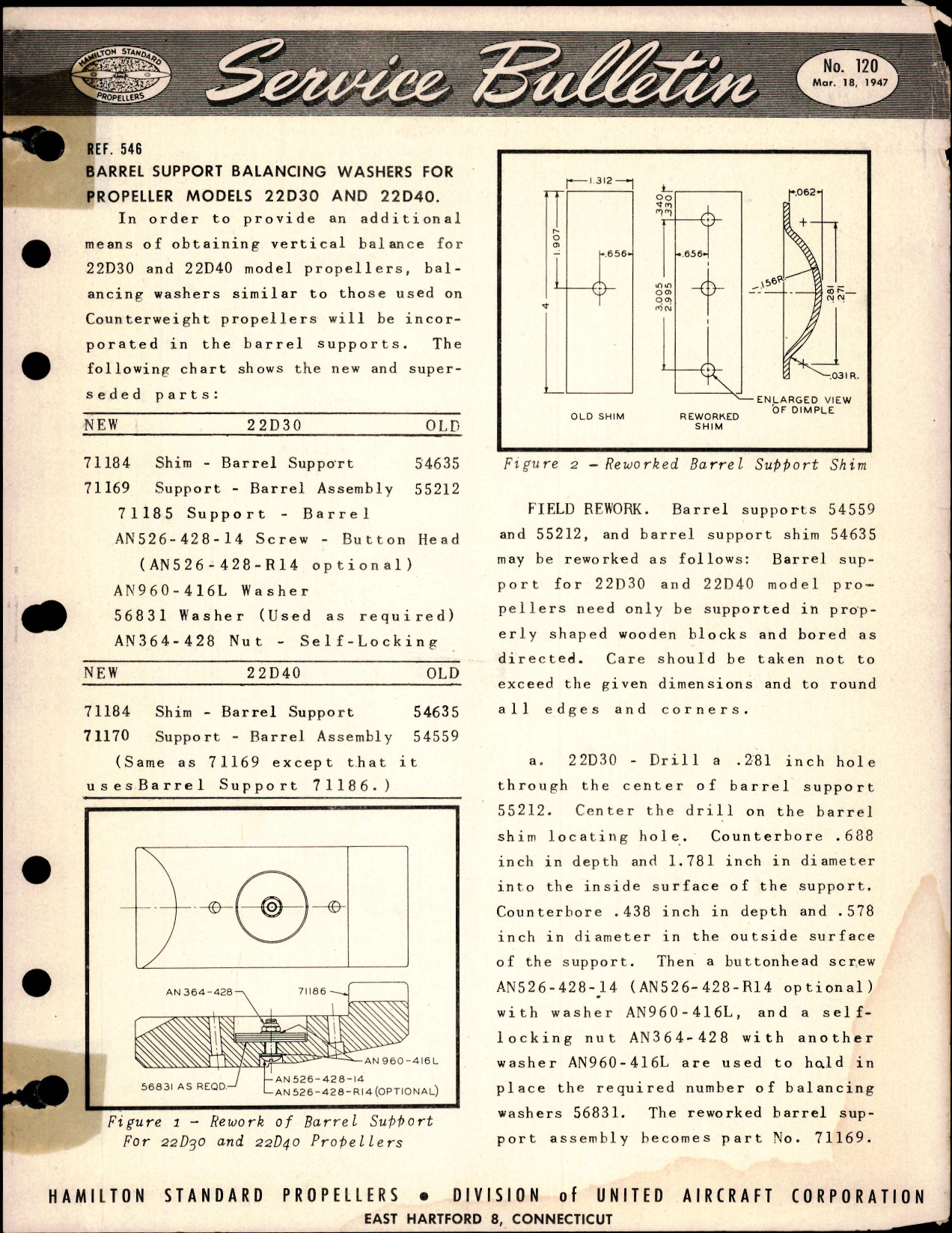 Sample page 1 from AirCorps Library document: Barrel Support Balancing Washers for Propeller Models 22D30 and 22D40, Ref 546