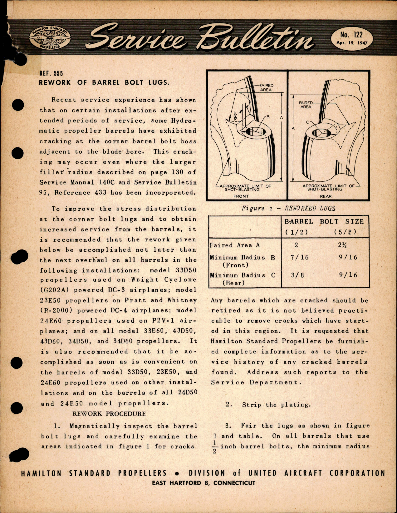 Sample page 1 from AirCorps Library document: Rework of Barrel Bolt Lugs, Ref 555