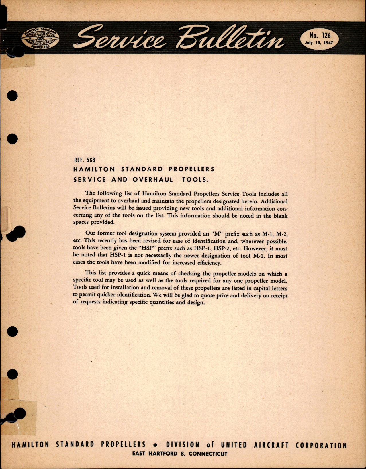 Sample page 1 from AirCorps Library document: Hamilton Standard Propellers Service and Overhaul Tools, Ref 568