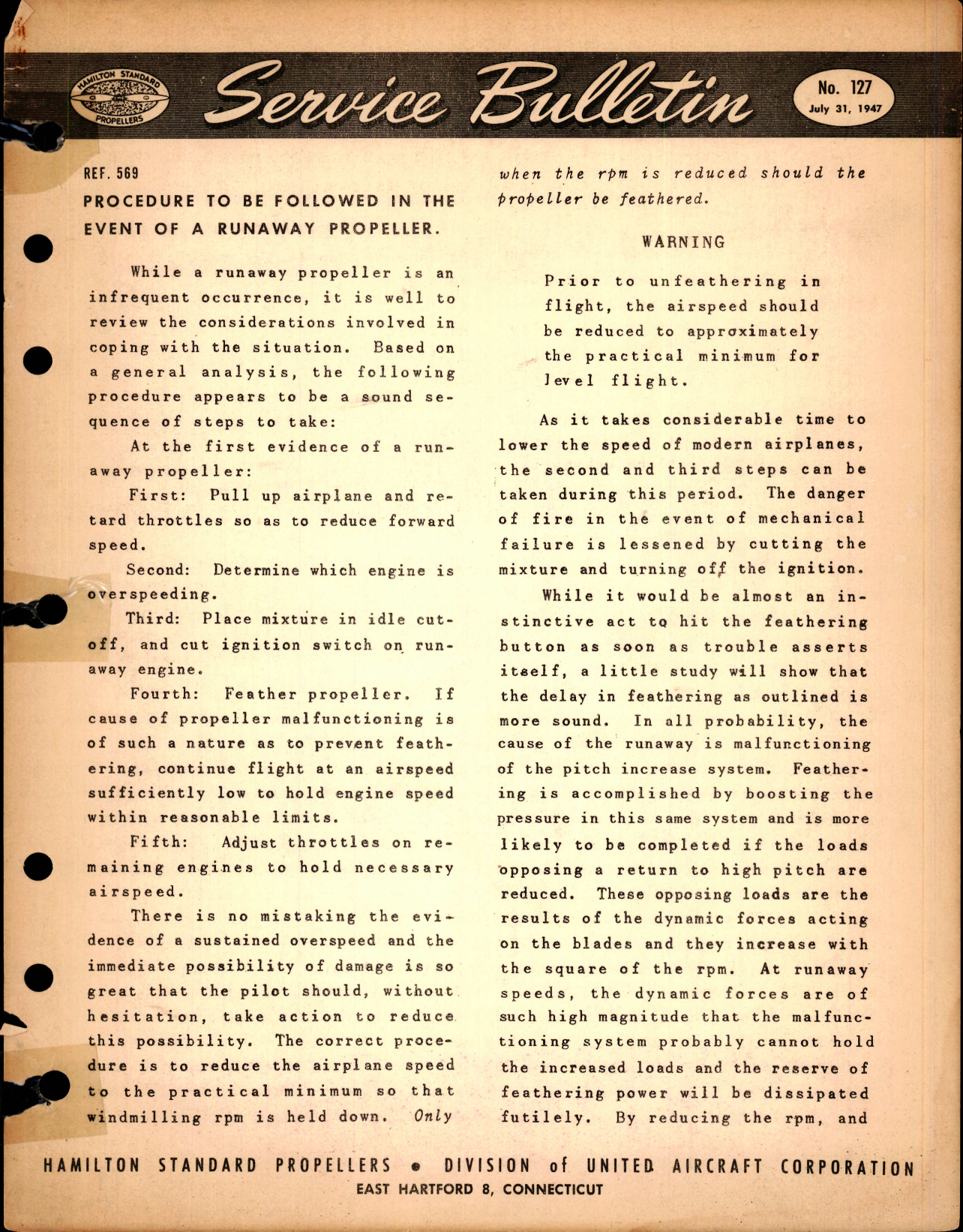 Sample page 1 from AirCorps Library document: Procedure to be Followed in the Event of a Runaway Propeller, Ref 569