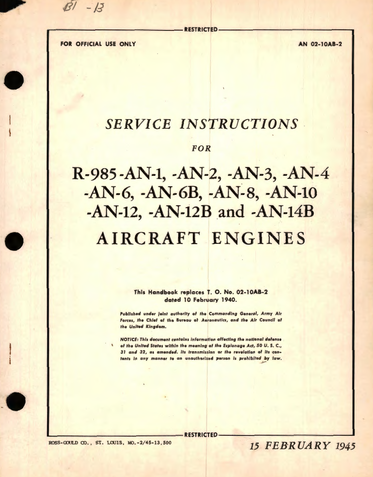 Sample page 1 from AirCorps Library document: Service Instructions for R-985-AN-1, -AN-2, -AN-3, -AN-4, -AN-6, -AN-6B, -AN-8, -AN-10, -AN-12, -AN-12B and -AN-14B Aircraft Engines