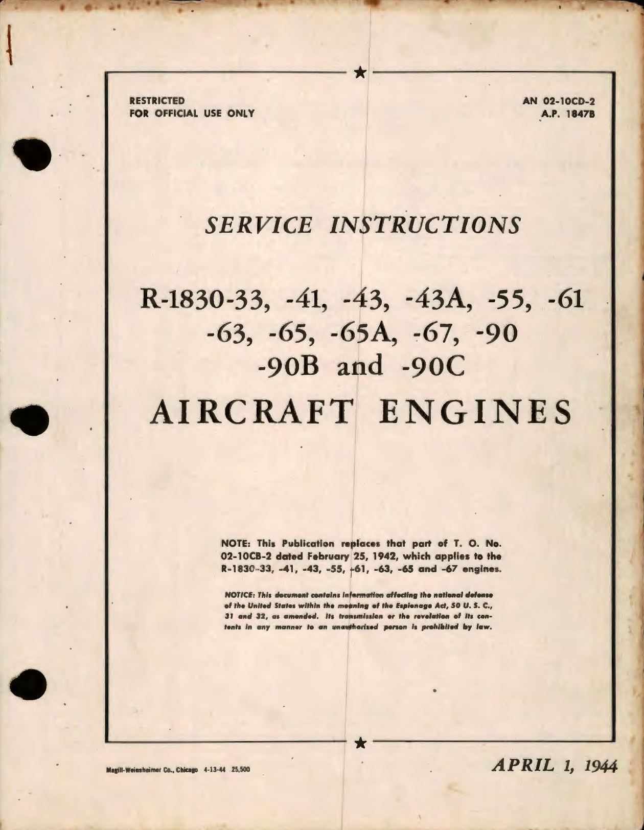 Sample page 1 from AirCorps Library document: Service Instructions for R-1830-33, -41, -43, -43A, -55, -61, -63, -65, -65A, -67, -90, -90B and -90C Aircraft Engines