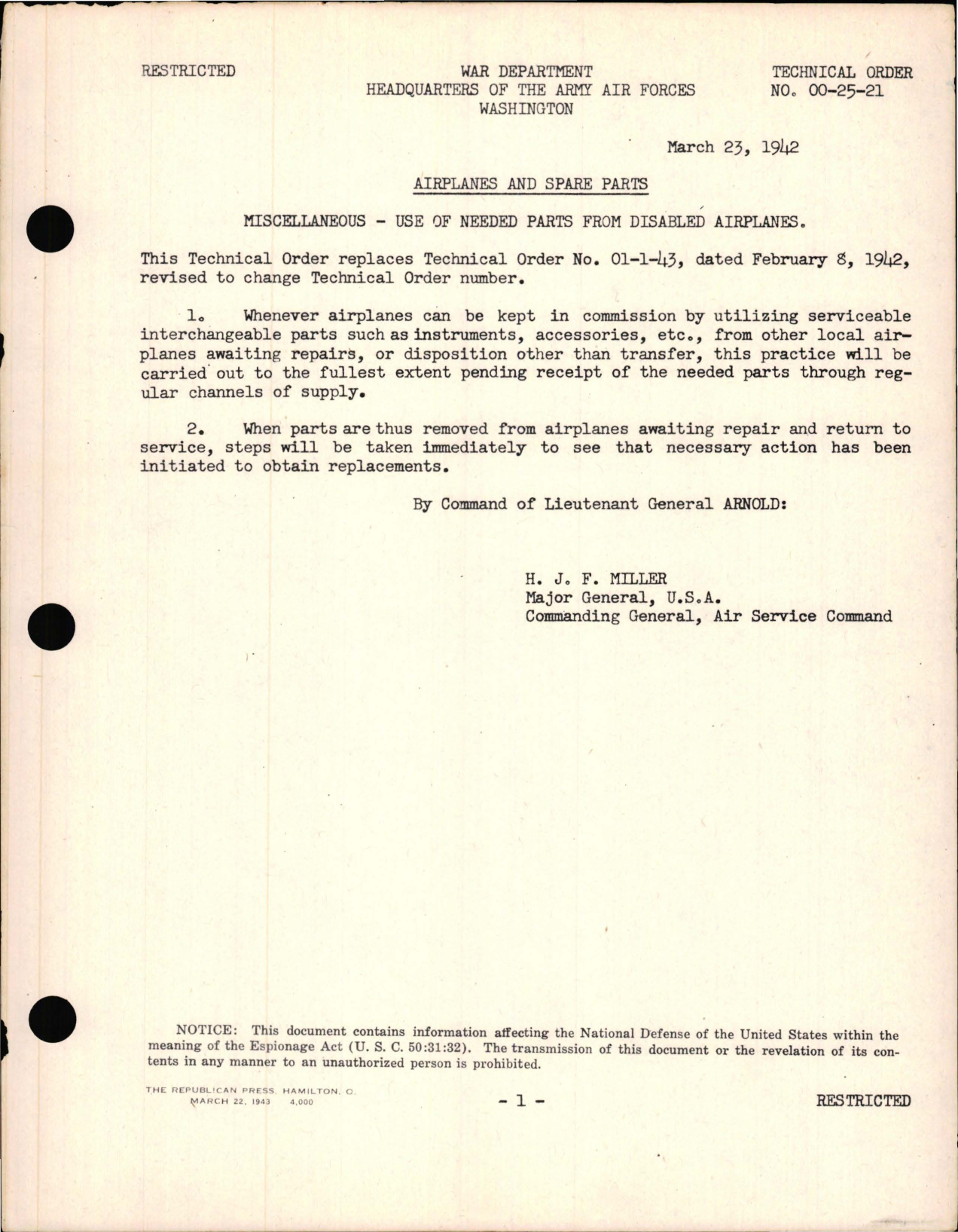 Sample page 1 from AirCorps Library document: Airplanes and Spare Parts