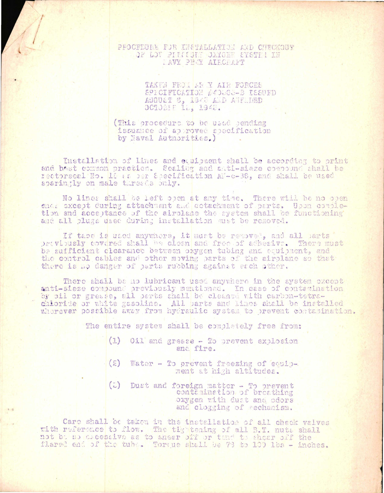 Sample page 1 from AirCorps Library document: Procedure for Installation and Checkout of Pressure Oxygen System in PB4Y