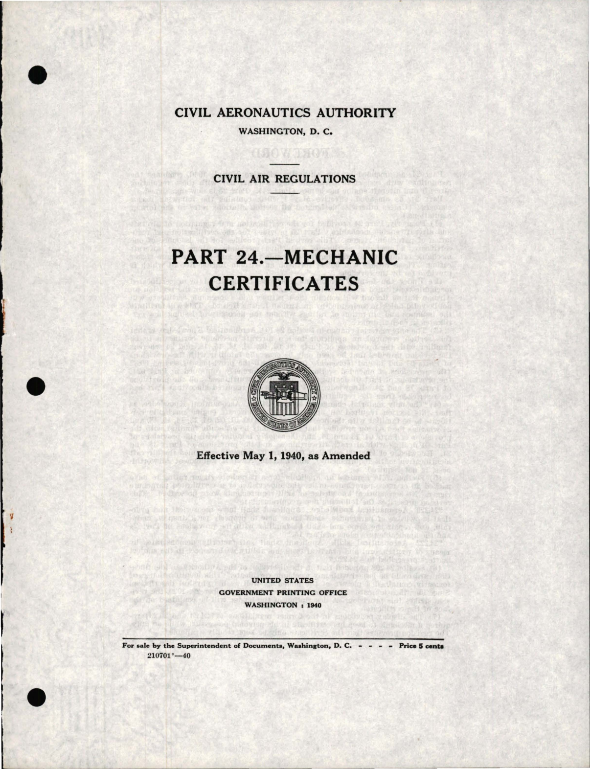 Sample page 1 from AirCorps Library document: Mechanic Certificates - Civil Air Regulations