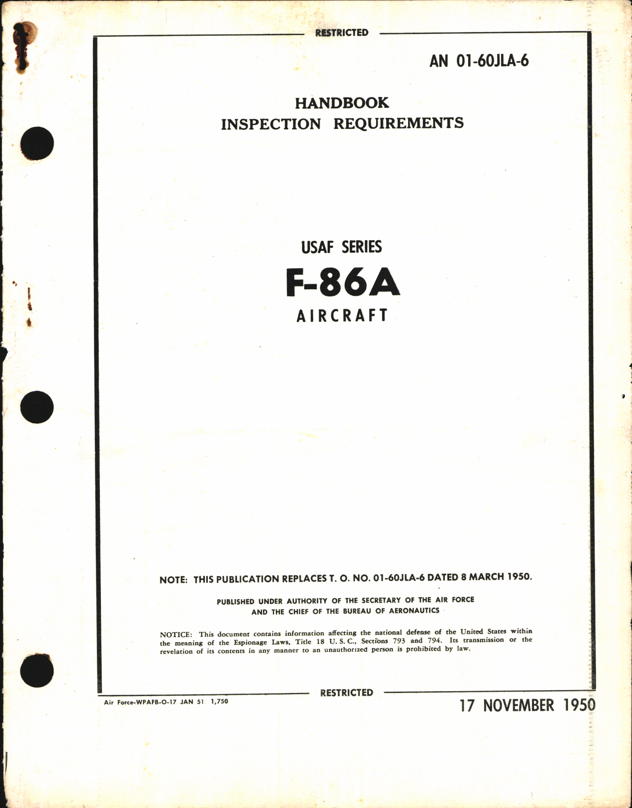 Sample page 1 from AirCorps Library document: Inspection Requirements for F-86A Aircraft