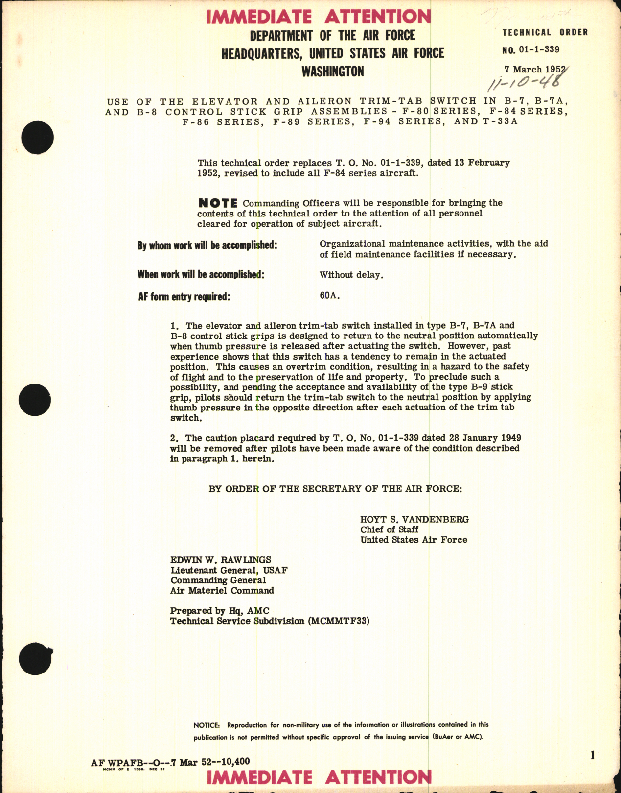 Sample page 1 from AirCorps Library document: Use of the Elevator and Aileron Trim-Tab Switch in B-7, B-7A, & B-8