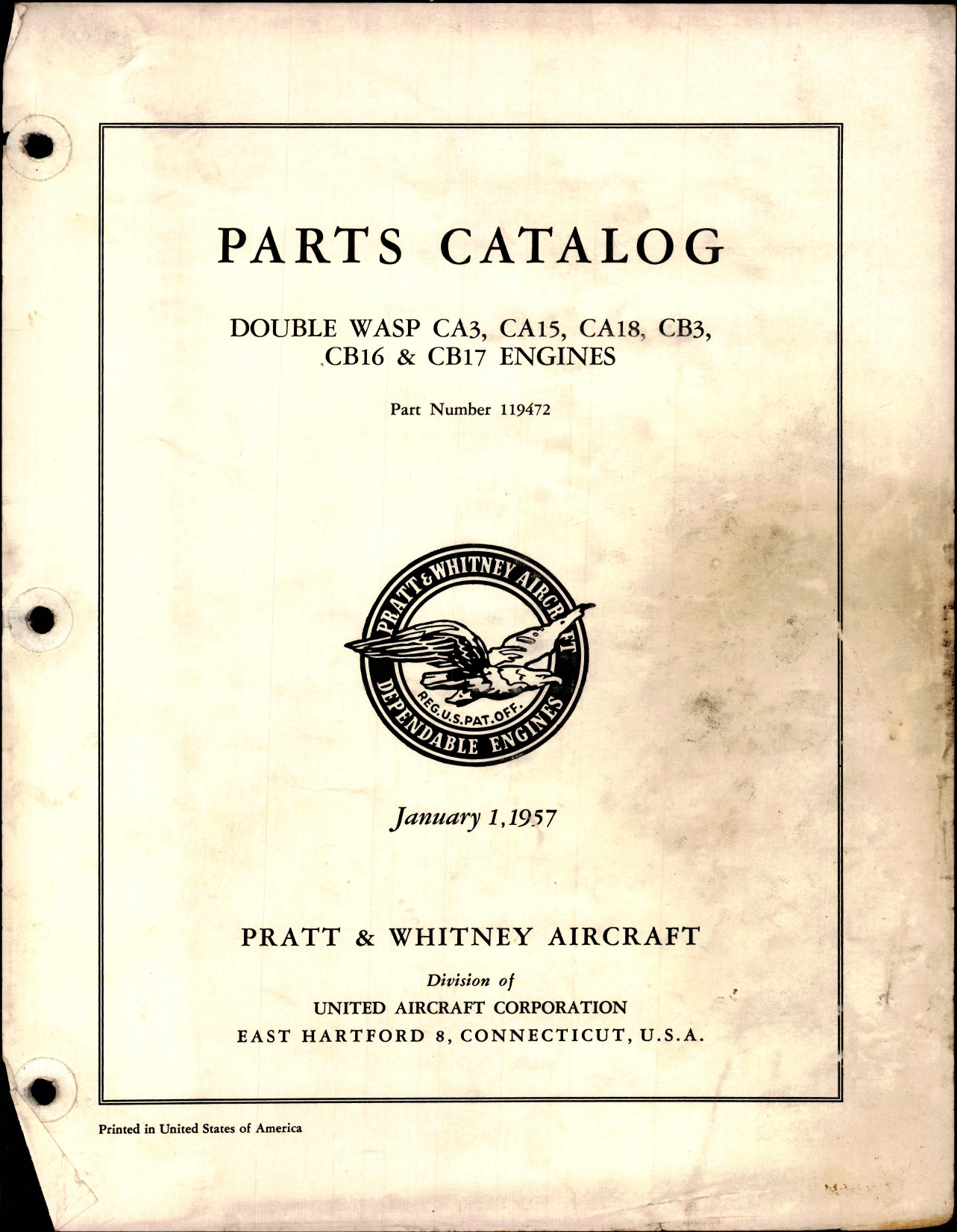 Sample page 1 from AirCorps Library document: Parts Catalog for Double Wasp CA3, CA15, CA18, CB3, CB16 & CB17 Engines