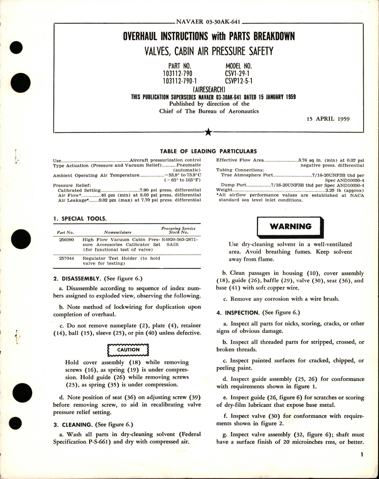 Sample page 1 from AirCorps Library document: Overhaul Instructions with Parts Breakdown for Cabin Air Pressure Safety - Parts 103112-790 and 103112-790-1 - Models CSV1-29-1 and CSVP12-5-1