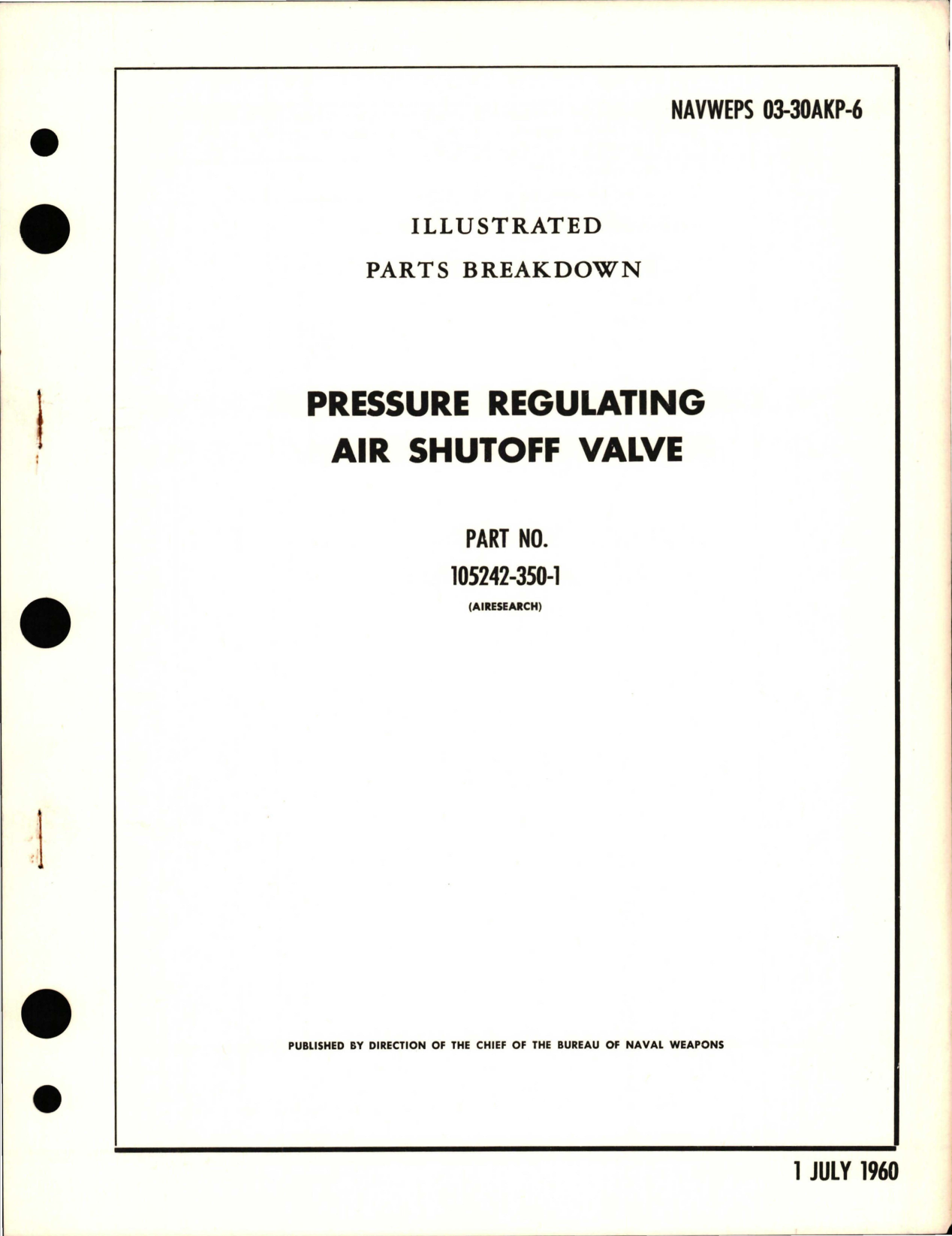 Sample page 1 from AirCorps Library document: Illustrated Parts Breakdown for Pressure Regulating Air Shutoff Valve - Part 105242-350-1
