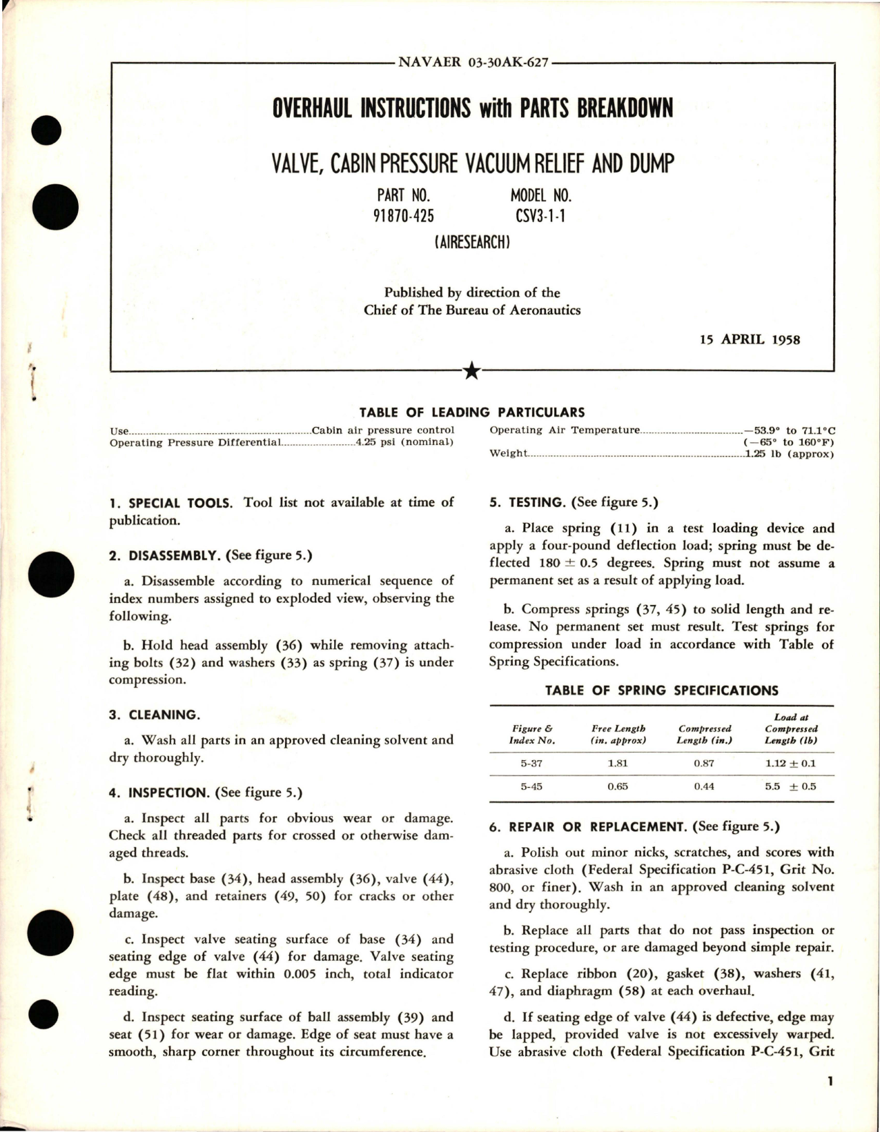 Sample page 1 from AirCorps Library document: Overhaul Instructions with Parts Breakdown for Cabin Pressure Vacuum Relief and Dump Valve - Part 91870-425 - Model CSV3-1-1