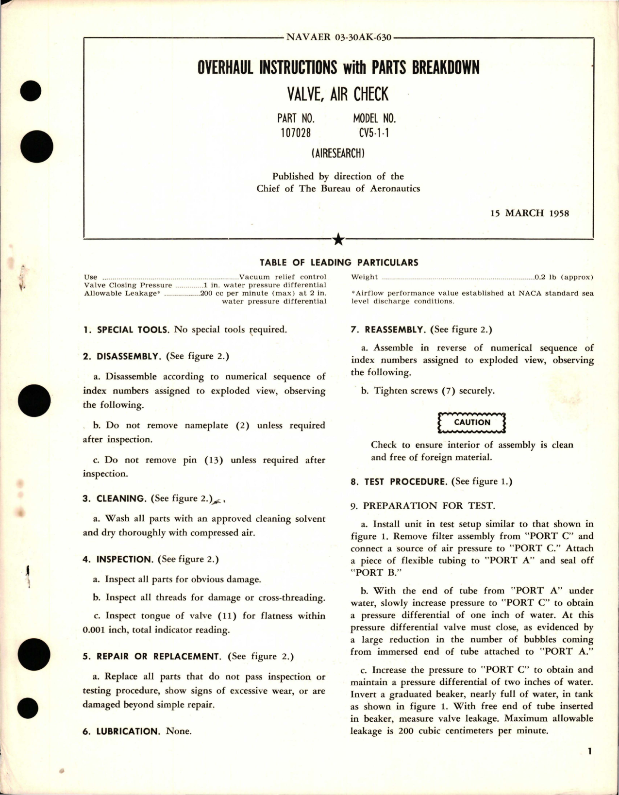 Sample page 1 from AirCorps Library document: Overhaul Instructions with Parts Breakdown for Air Check Valve - Part 107028 - Model CV5-1-1