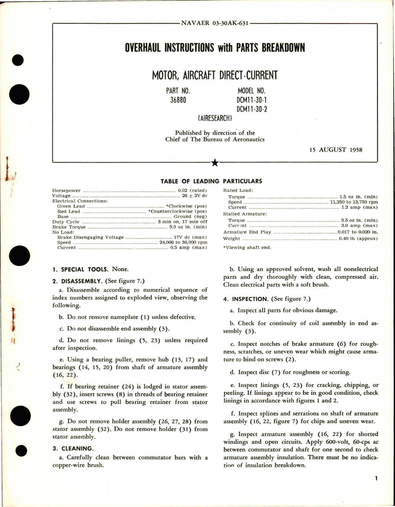 Sample page 1 from AirCorps Library document: Overhaul Instructions with Parts Breakdown for Direct-Current Motor - Part 36880 - Model DCM11-30-1 and DCM11-30-2 