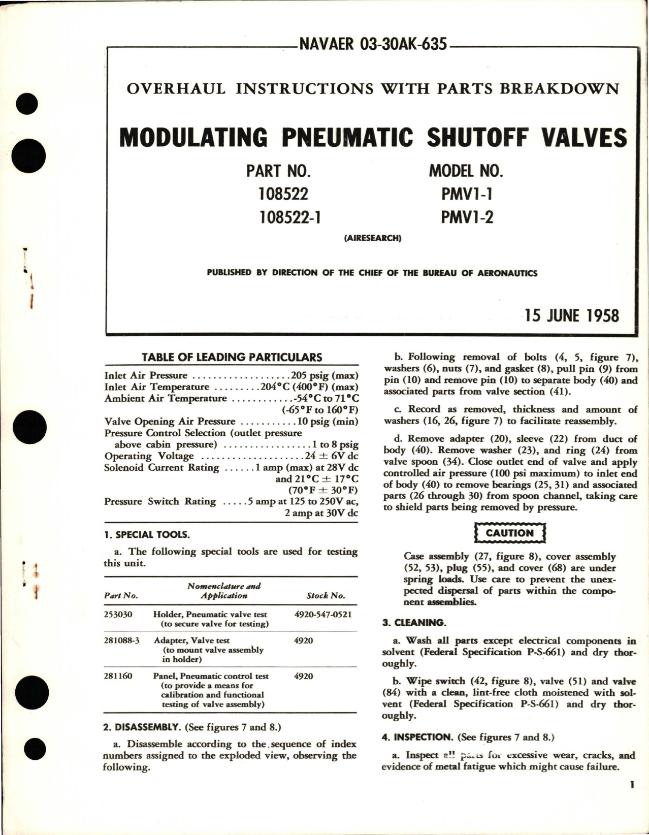 Sample page 1 from AirCorps Library document: Overhaul Instructions with Parts Breakdown for Modulating Pneumatic Shutoff Valves - Parts 108522 and 108522-1 - Models PMV1-1 and PMV1-2 