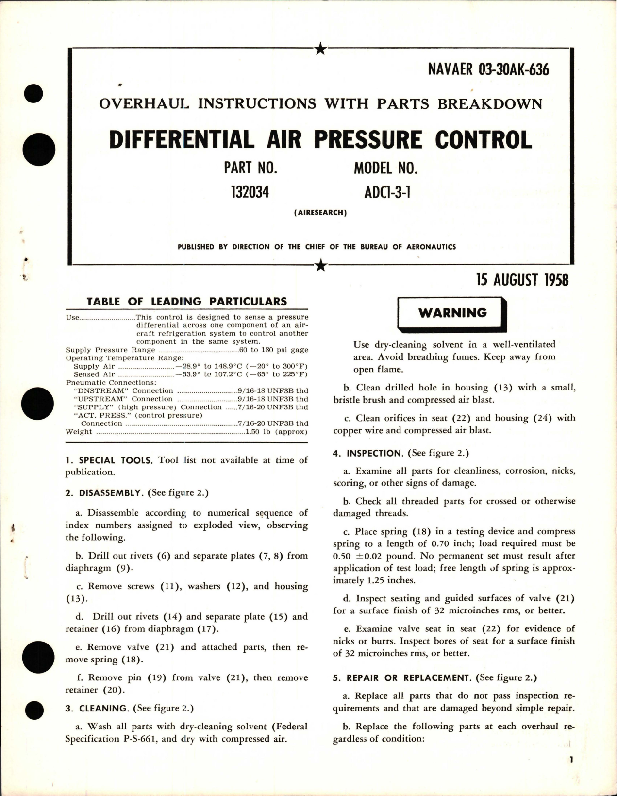 Sample page 1 from AirCorps Library document: Overhaul Instructions with Parts Breakdown for Differential Air Pressure Control - Part 132034 - Model ADC1-3-1 