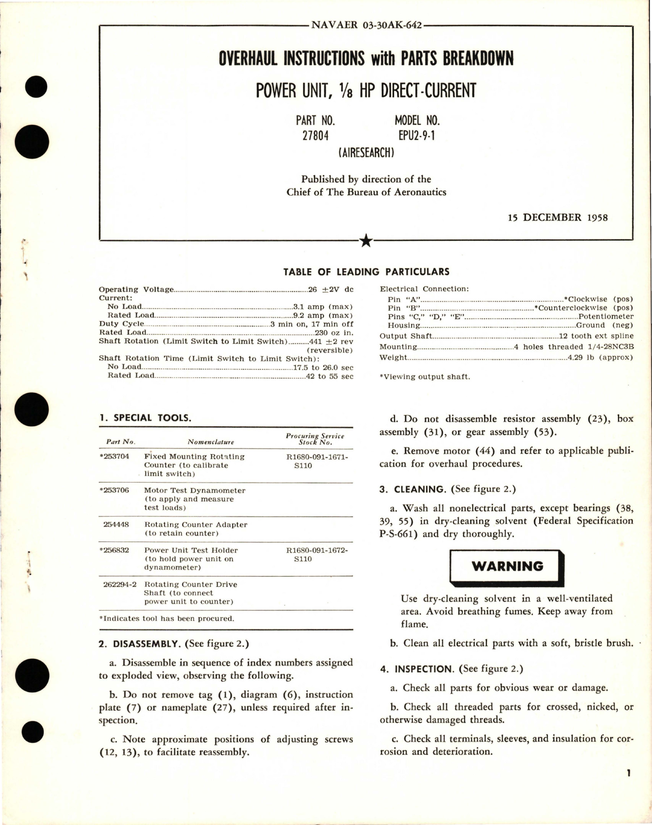 Sample page 1 from AirCorps Library document: Overhaul Instructions with Parts Breakdown for Direct Current Power Unit - 1-8 HP - Part 27804 - Model EPU2-9-1