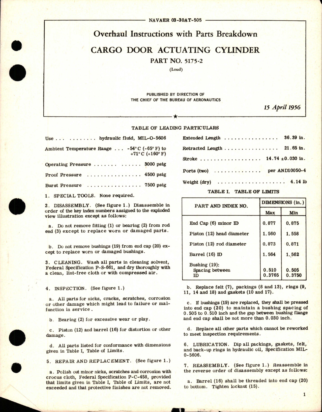Sample page 1 from AirCorps Library document: Overhaul Instructions with Parts Breakdown for Cargo Door Actuating Cylinder - Part 5175-2