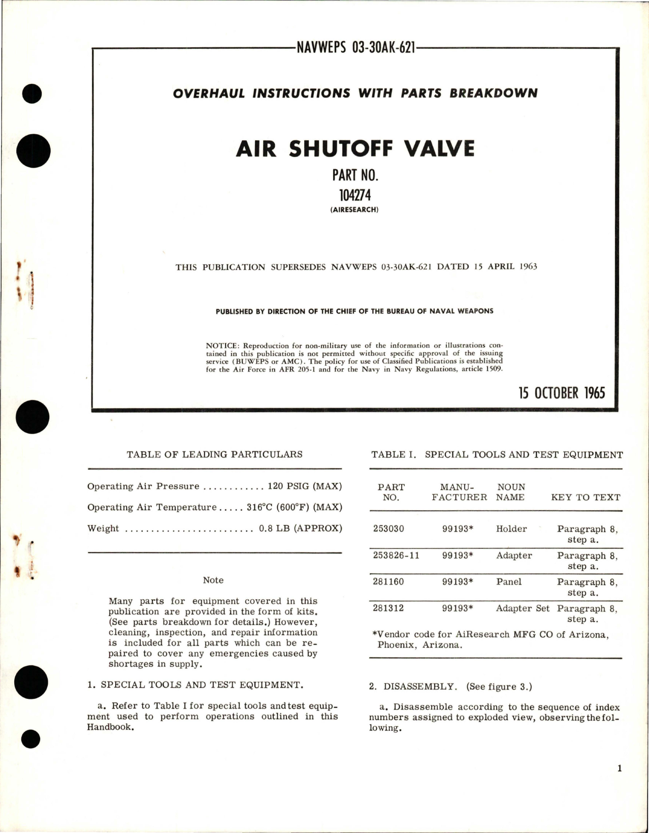 Sample page 1 from AirCorps Library document: Overhaul Instructions with Parts Breakdown for Air Shutoff Valve - Part 104274