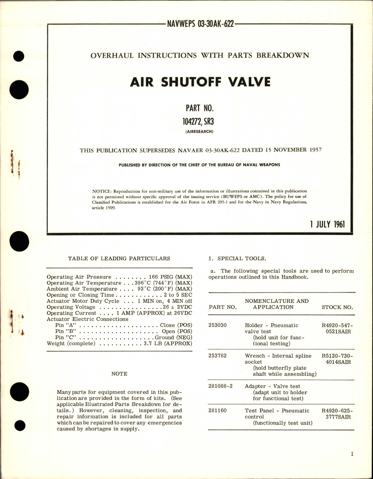 Sample page 1 from AirCorps Library document: Overhaul Instructions with Parts Breakdown for Air Shutoff Valve - Part 104272, SR2