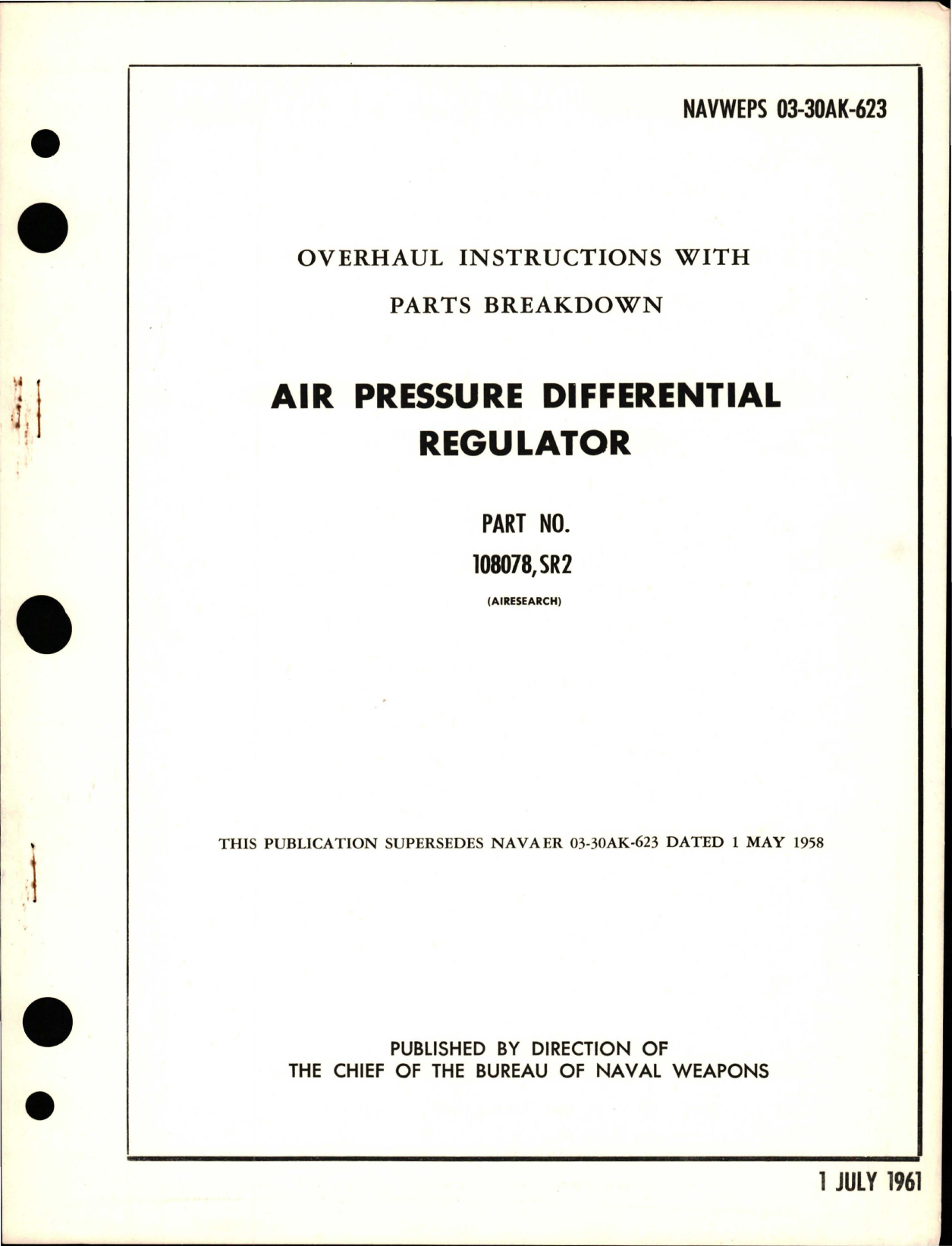 Sample page 1 from AirCorps Library document: Overhaul Instructions with Parts Breakdown for Air Pressure Differential Regulator - Part 108078, SR2