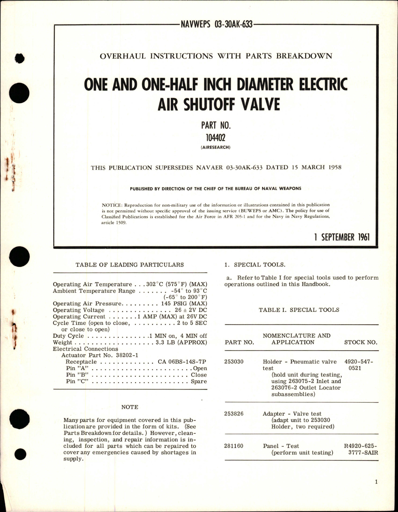 Sample page 1 from AirCorps Library document: Overhaul Instructions with Parts Breakdown for Electric Air Shutoff Valve 1 1/2