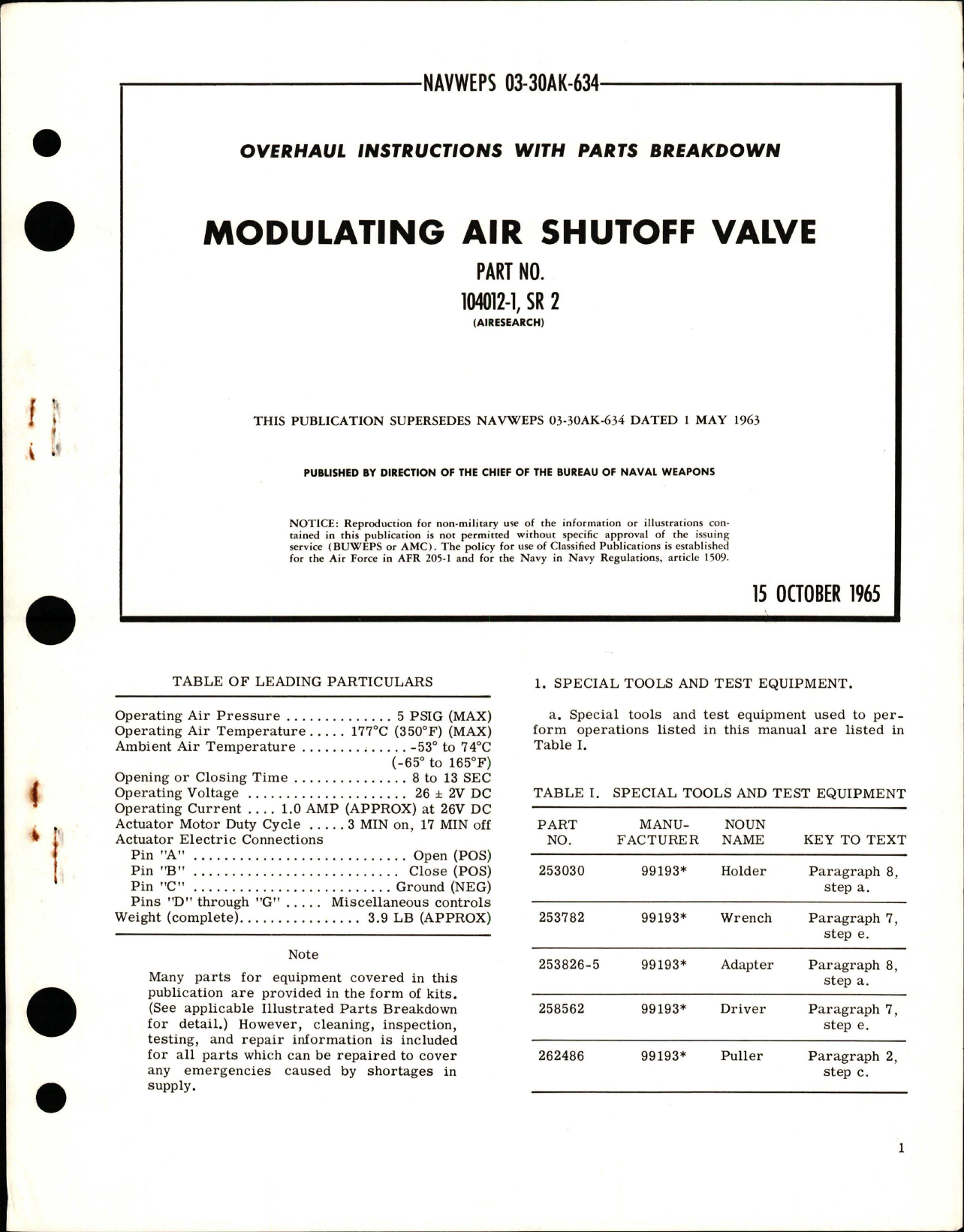 Sample page 1 from AirCorps Library document: Overhaul Instructions with Parts Breakdown for Modulating Air Shutoff Valve - Part 104012-1, SR2