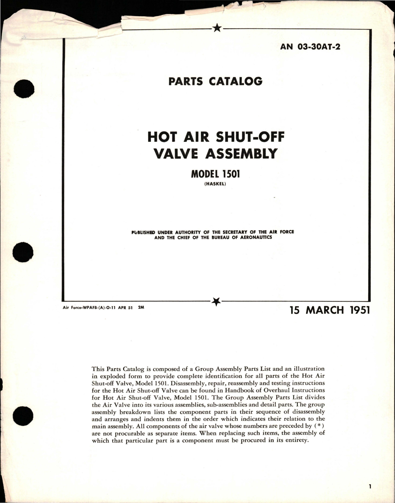 Sample page 1 from AirCorps Library document: Parts Catalog for Hot Air Shut-Off Valve Assembly - Model 1501