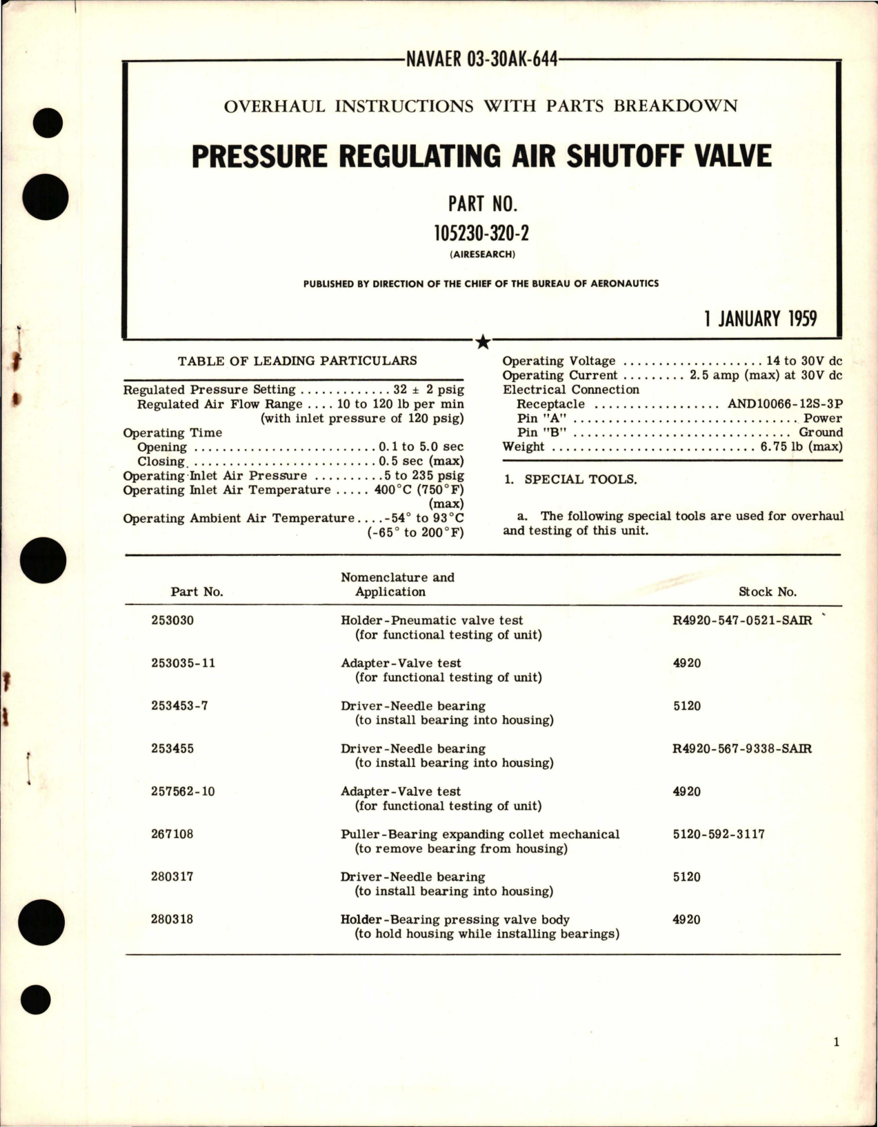 Sample page 1 from AirCorps Library document: Overhaul Instructions with Parts Breakdown for Pressure Regulating Air Shutoff Valve - Part 105230-320-2 