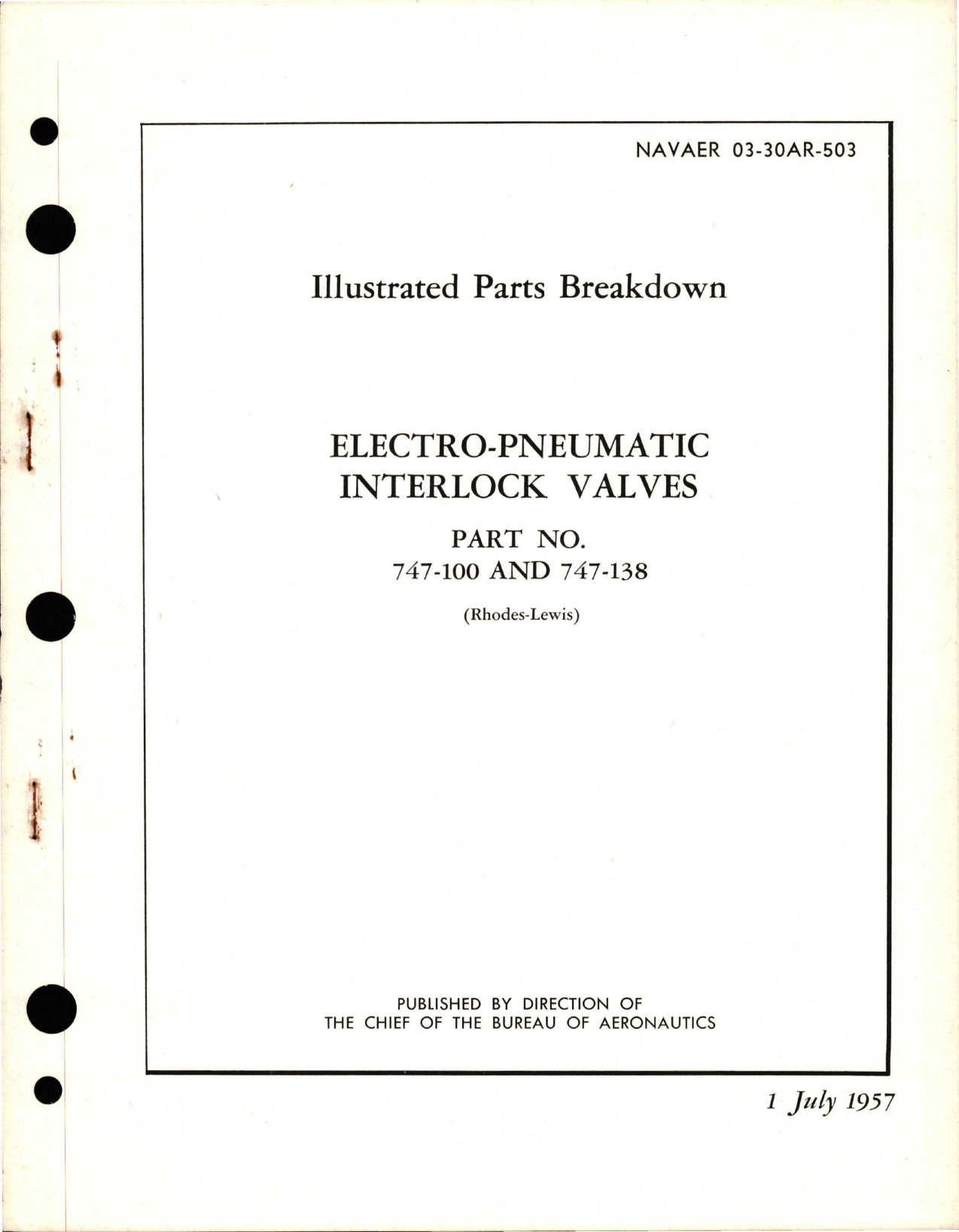 Sample page 1 from AirCorps Library document: Illustrated Parts Breakdown for Elecrtro-Pneumatic Interlock Valves - Parts 747-100 and 747-138 
