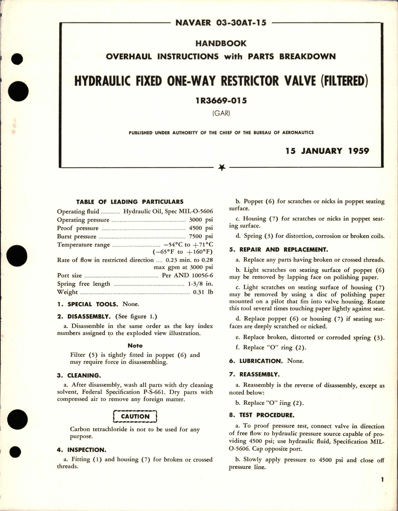 Sample page 1 from AirCorps Library document: Overhaul Instructions with Parts Breakdown for Hydraulic Fixed One-Way Restrictor Valve (Filtered) 1R3669-015 