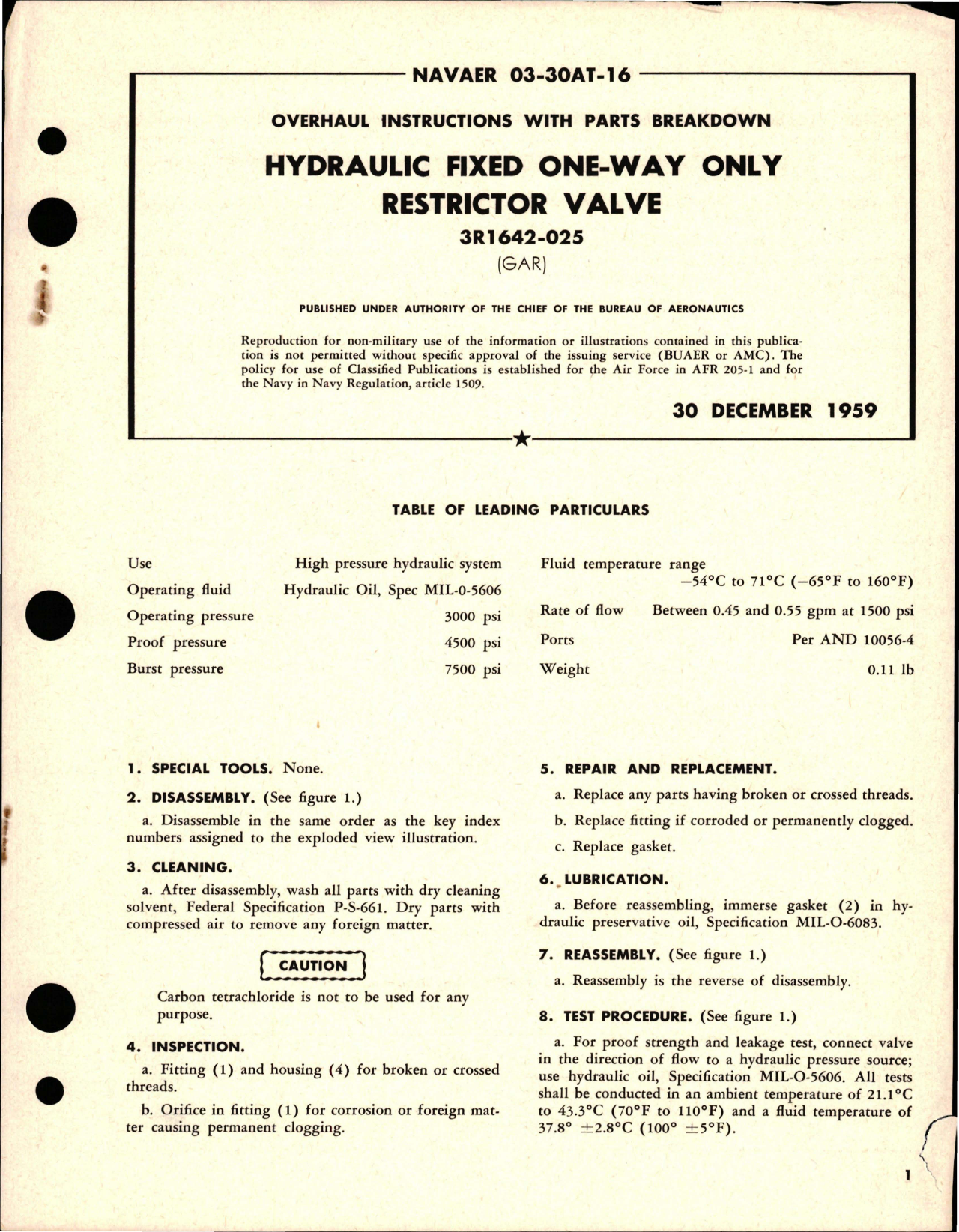 Sample page 1 from AirCorps Library document: Overhaul Instructions with Parts Breakdown for Hydraulic Fixed One-Way Only Restrictor Valve - 3R1642-025 
