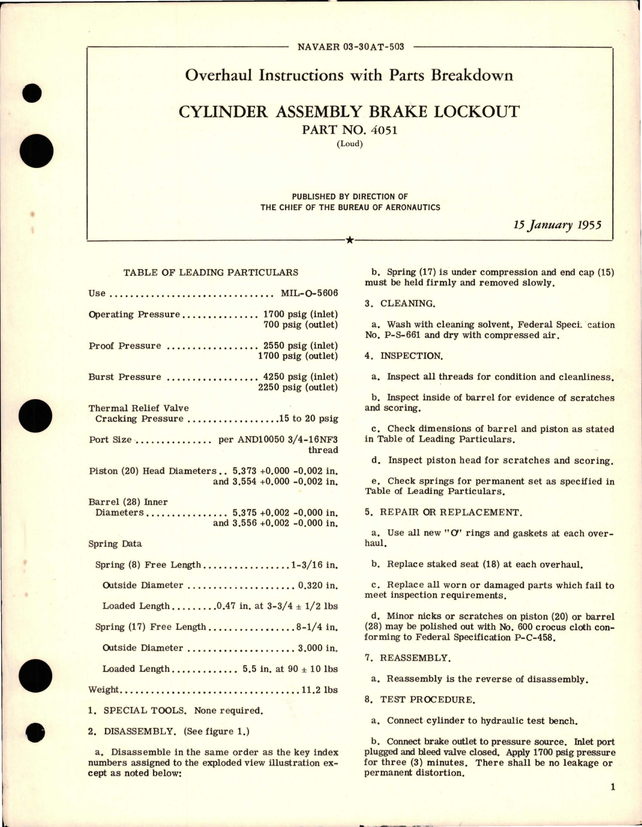 Sample page 1 from AirCorps Library document: Overhaul Instructions with Parts Breakdown for Cylinder Assembly Brake Lockout - Part 4051 