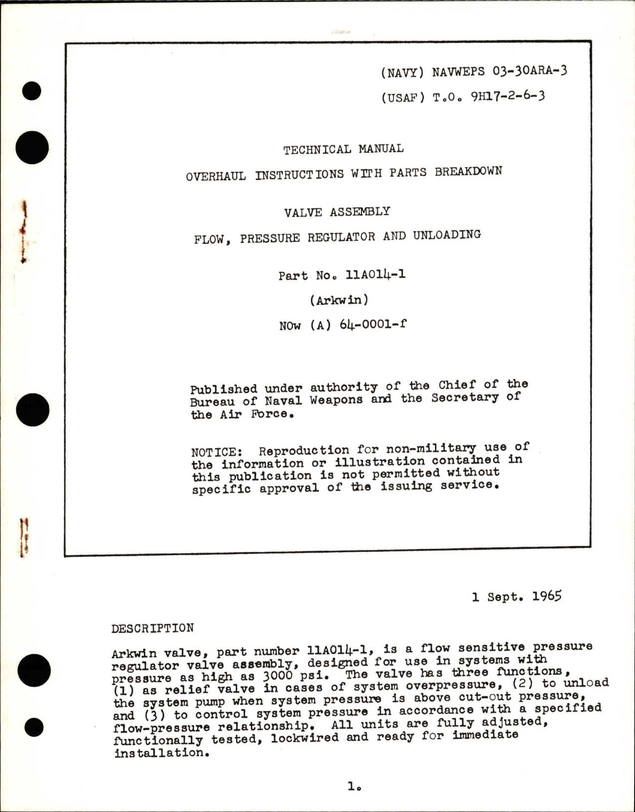 Sample page 1 from AirCorps Library document: Overhaul Instructions with Parts Breakdown for Pressure Regulator and Unloading Valve Assembly Flow - Part 11A014-1 