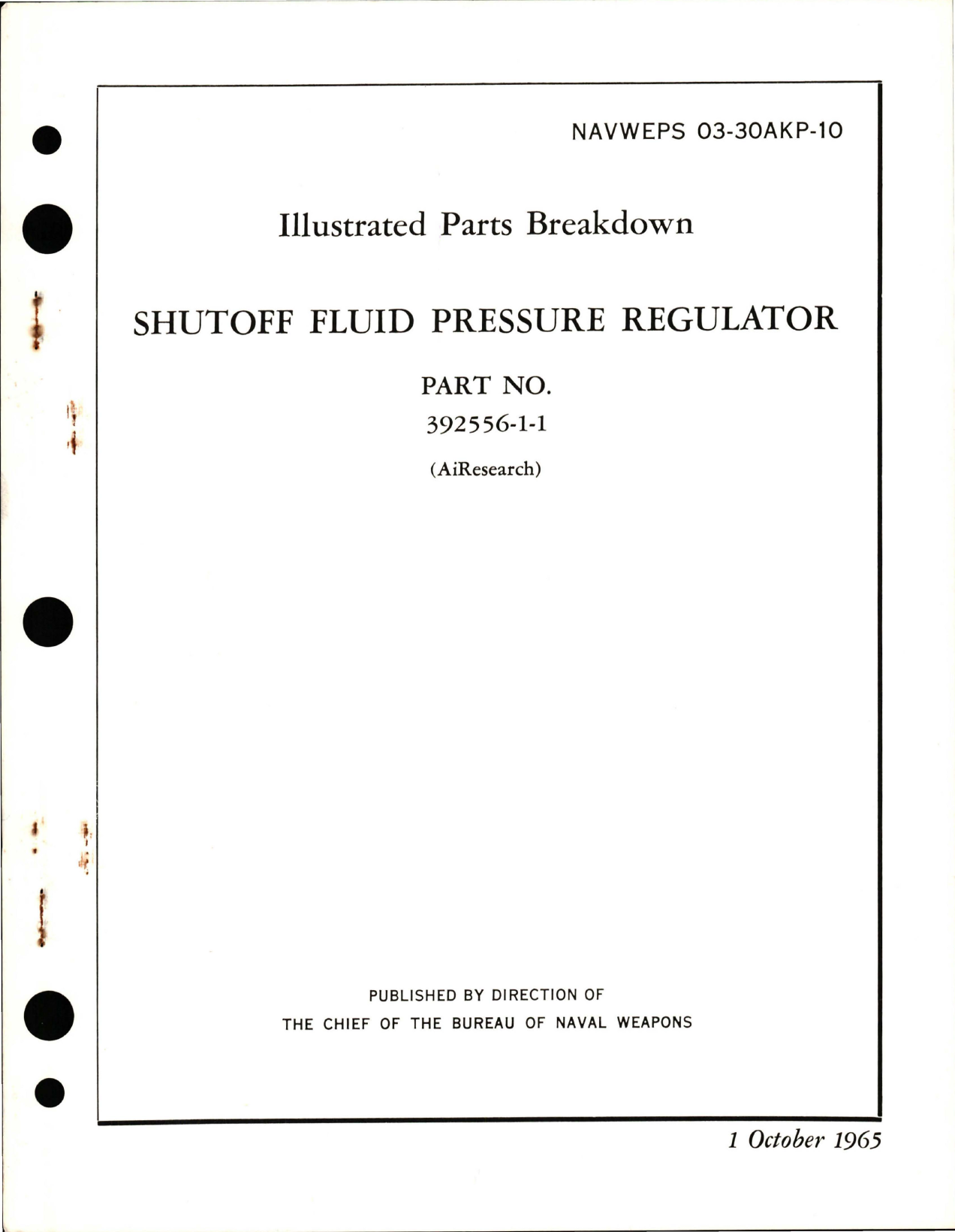 Sample page 1 from AirCorps Library document: Illustrated Parts Breakdown for Shutoff Fluid Pressure Regulator - Part 392556-1-1