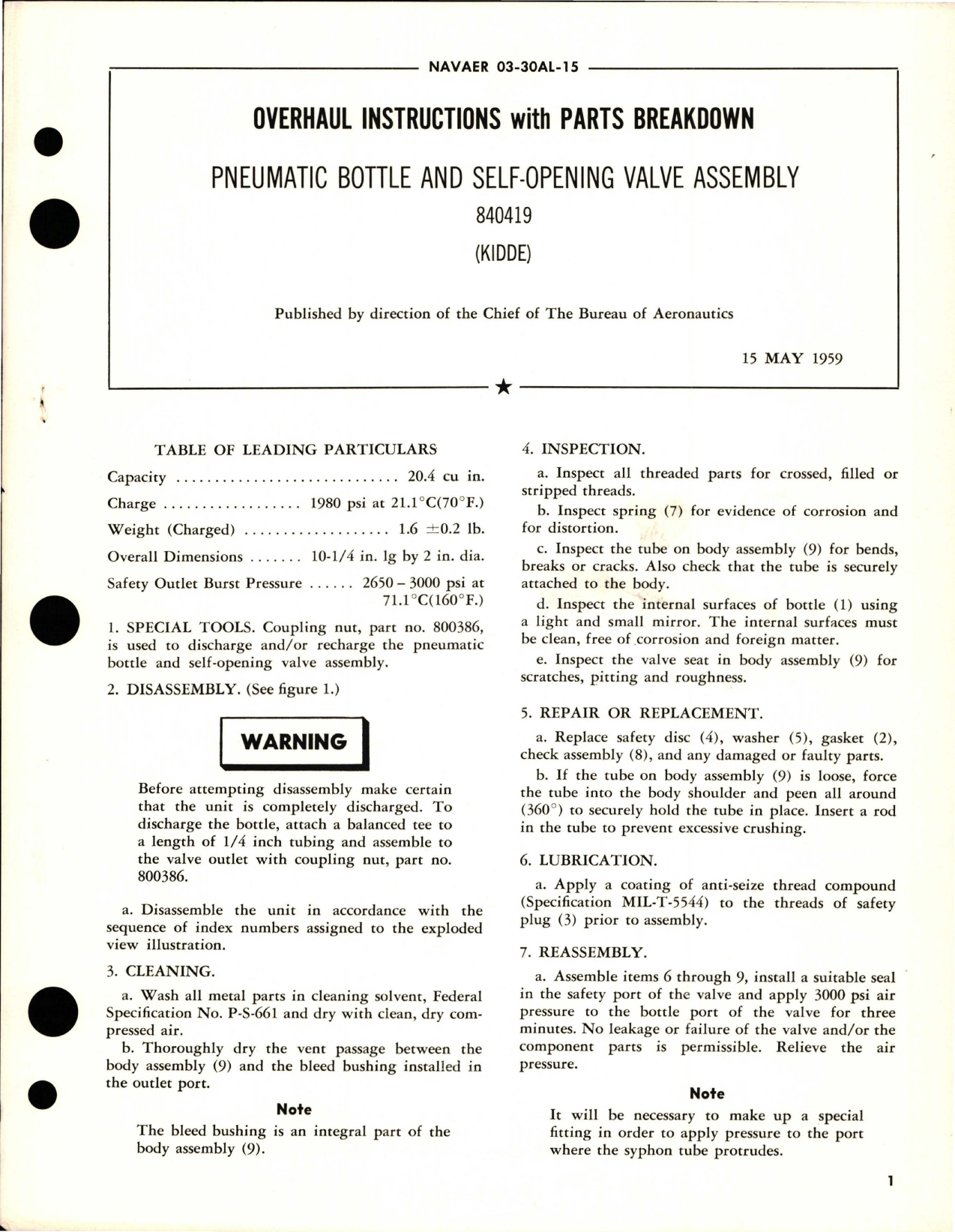 Sample page 1 from AirCorps Library document: Overhaul Instructions with Parts Breakdown for Pneumatic Bottle and Self Opening Valve Assembly - 840419 