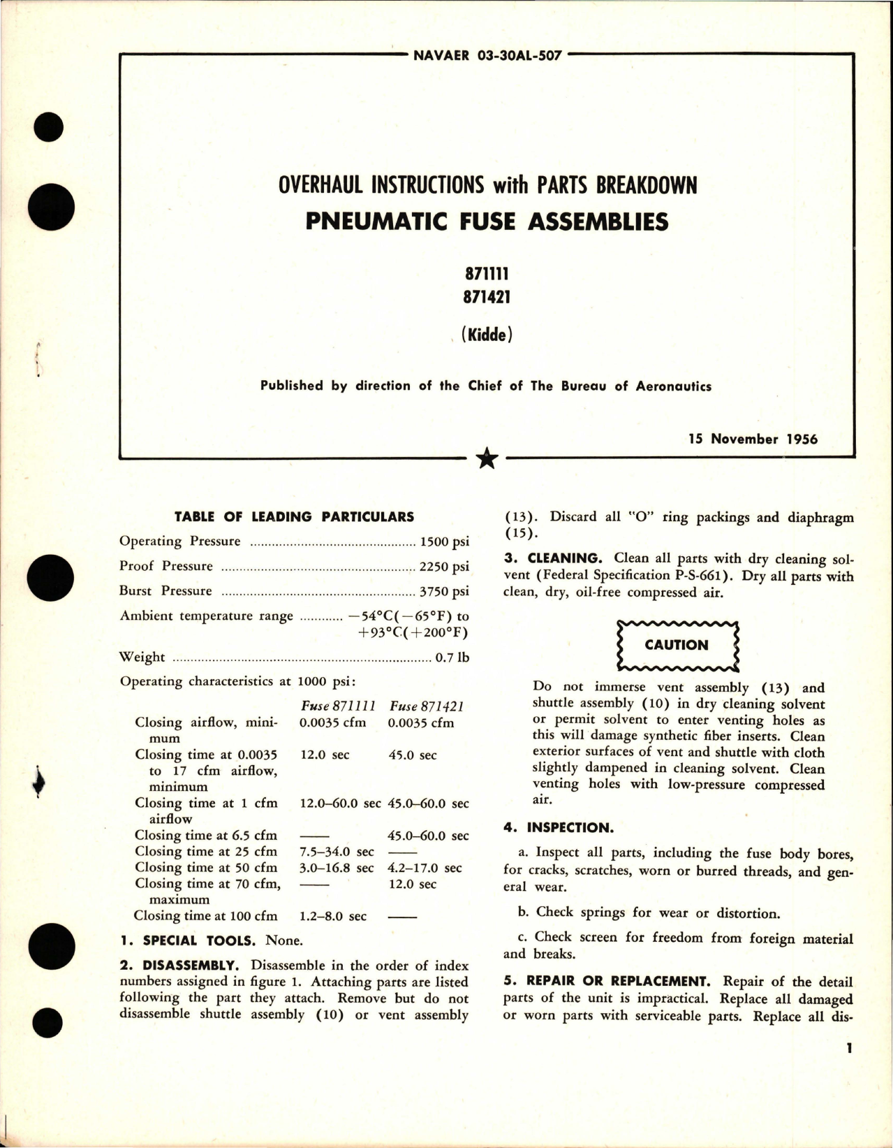 Sample page 1 from AirCorps Library document: Overhaul Instructions with Parts Breakdown for Pneumatic Fuse Assemblies - 871111 and 871421