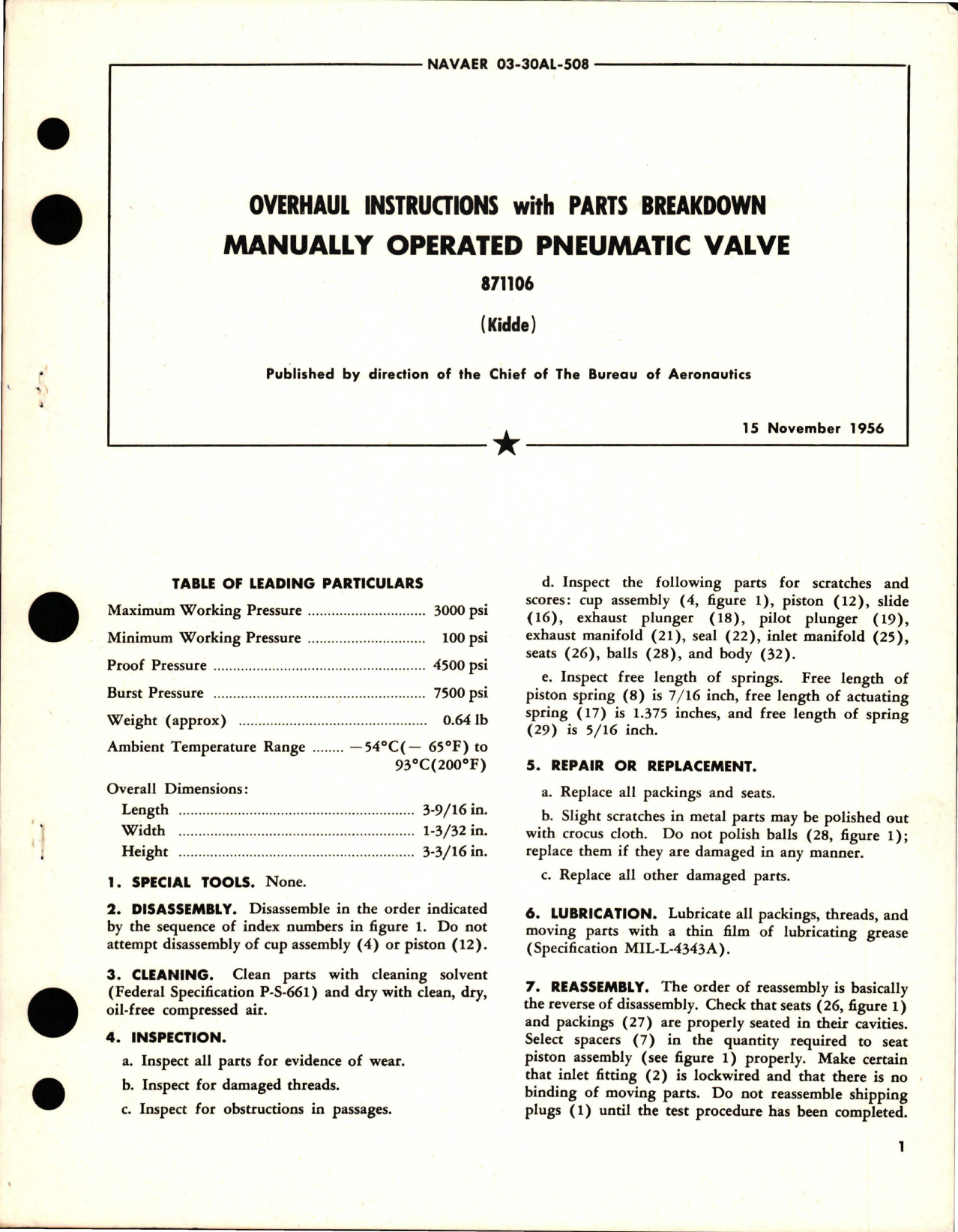 Sample page 1 from AirCorps Library document: Overhaul Instructions with Parts Breakdown for Manually Operated Pneumatic Valve - 871106