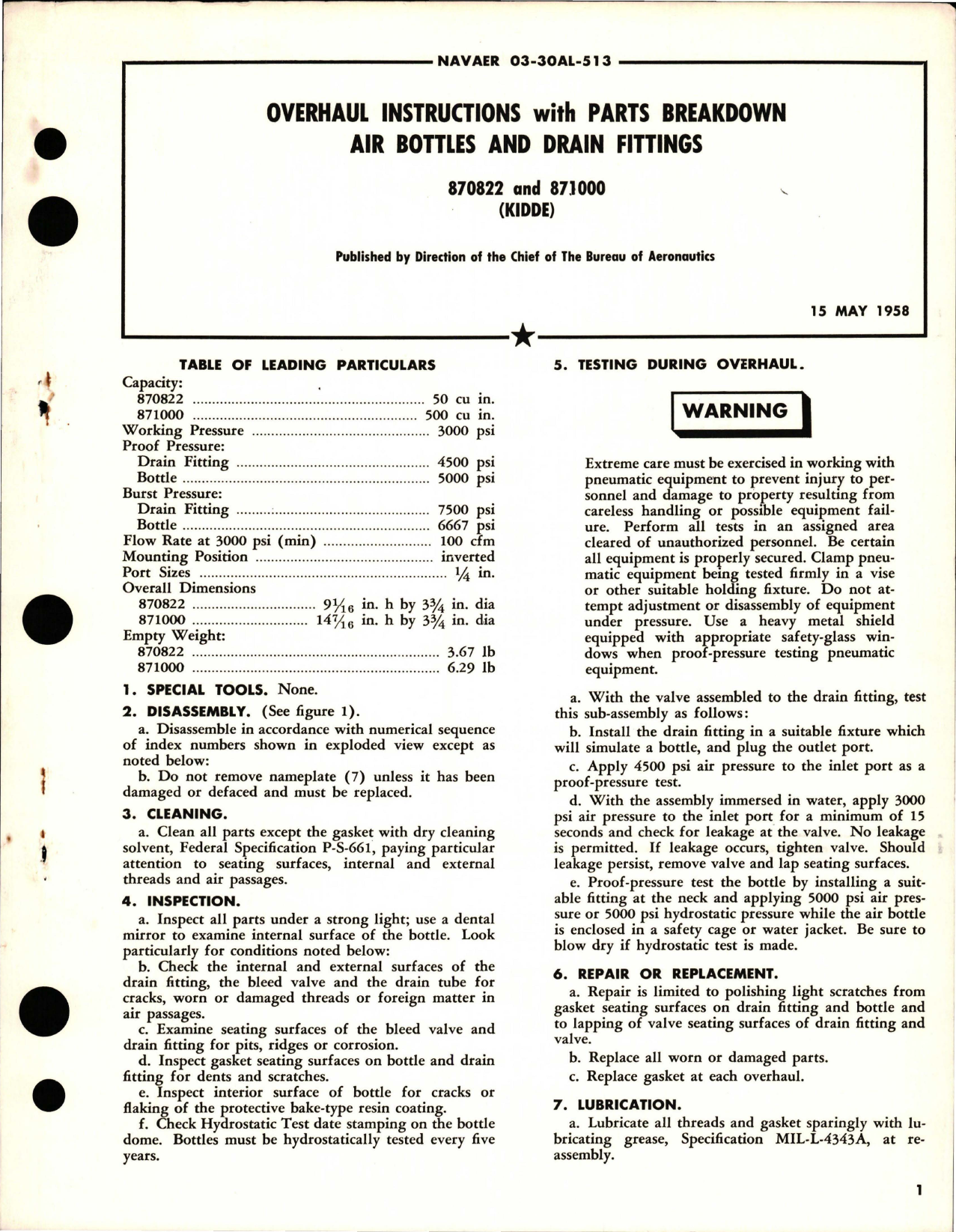 Sample page 1 from AirCorps Library document: Overhaul Instructions with Parts Breakdown for Air Bottles and Drain Fittings - 870822 and 871000