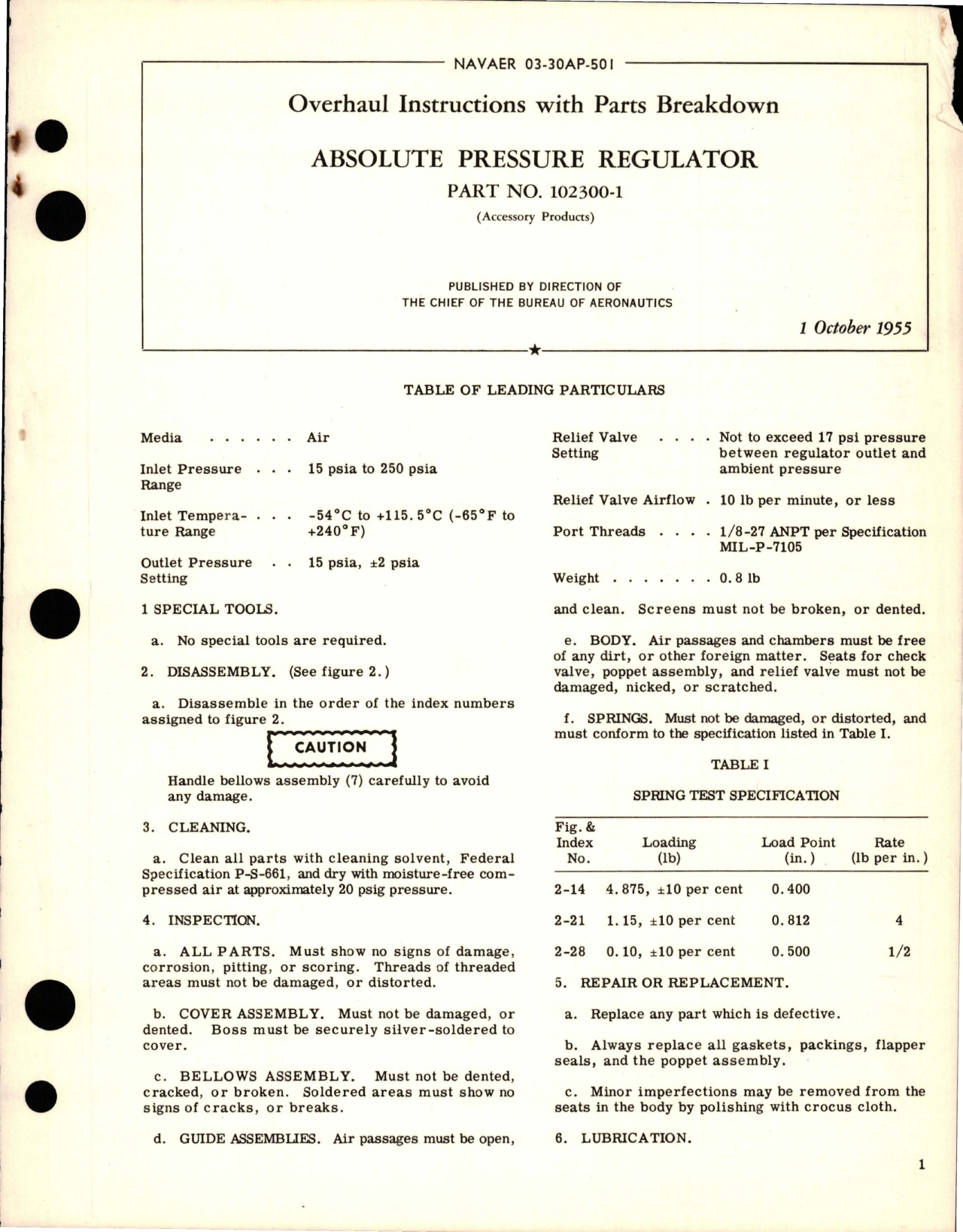 Sample page 1 from AirCorps Library document: Overhaul Instructions with Parts Breakdown for Absolute Pressure Regulator - Part 102300-1