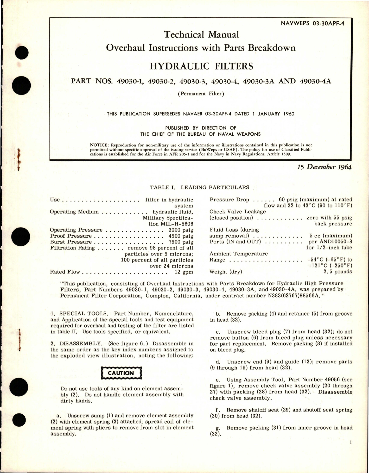 Sample page 1 from AirCorps Library document: Overhaul Instructions with Parts Breakdown for Hydraulic Filters - Parts 4903-1, 4903-2, 4903-3, 4903-4, 4903-3A, and 4903-4A 