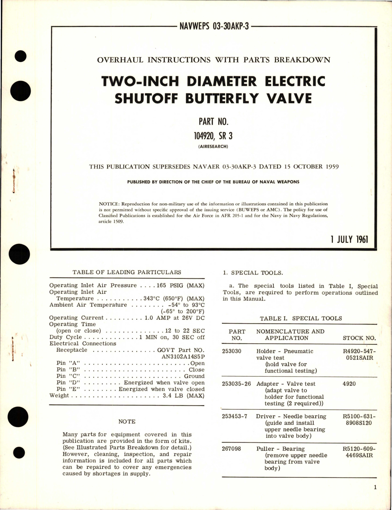 Sample page 1 from AirCorps Library document: Overhaul Instructions with Parts Breakdown for Electric Shutoff Butterfly Valve - 2 inch Diameter - Part 104920, SR 3