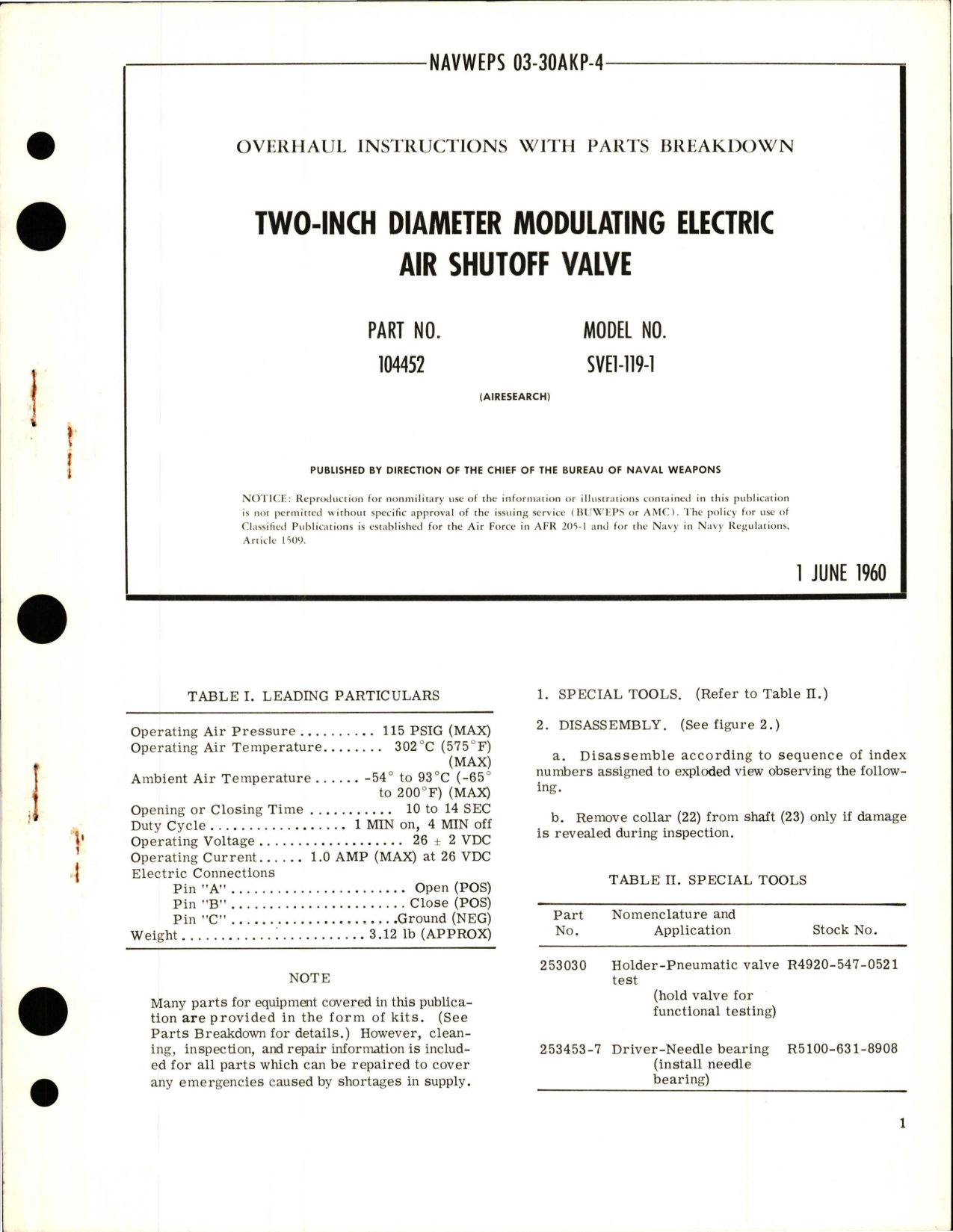 Sample page 1 from AirCorps Library document: Overhaul Instructions with Parts Breakdown for Modulating Electric Air Shutoff Valve - Two Inch Diameter - Part 104452 - Model SVE1-119-1