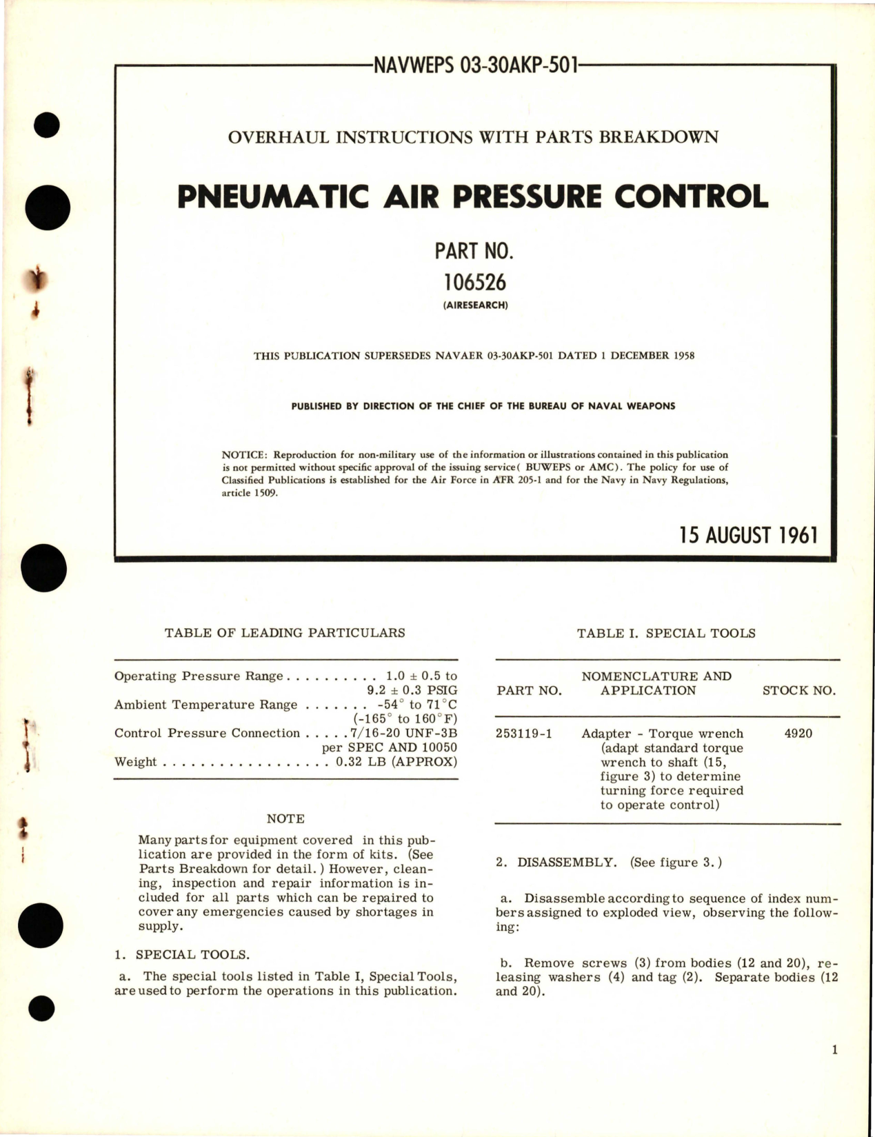Sample page 1 from AirCorps Library document: Overhaul Instructions with Parts Breakdown for Pneumatic Air Pressure Control - Part 106526