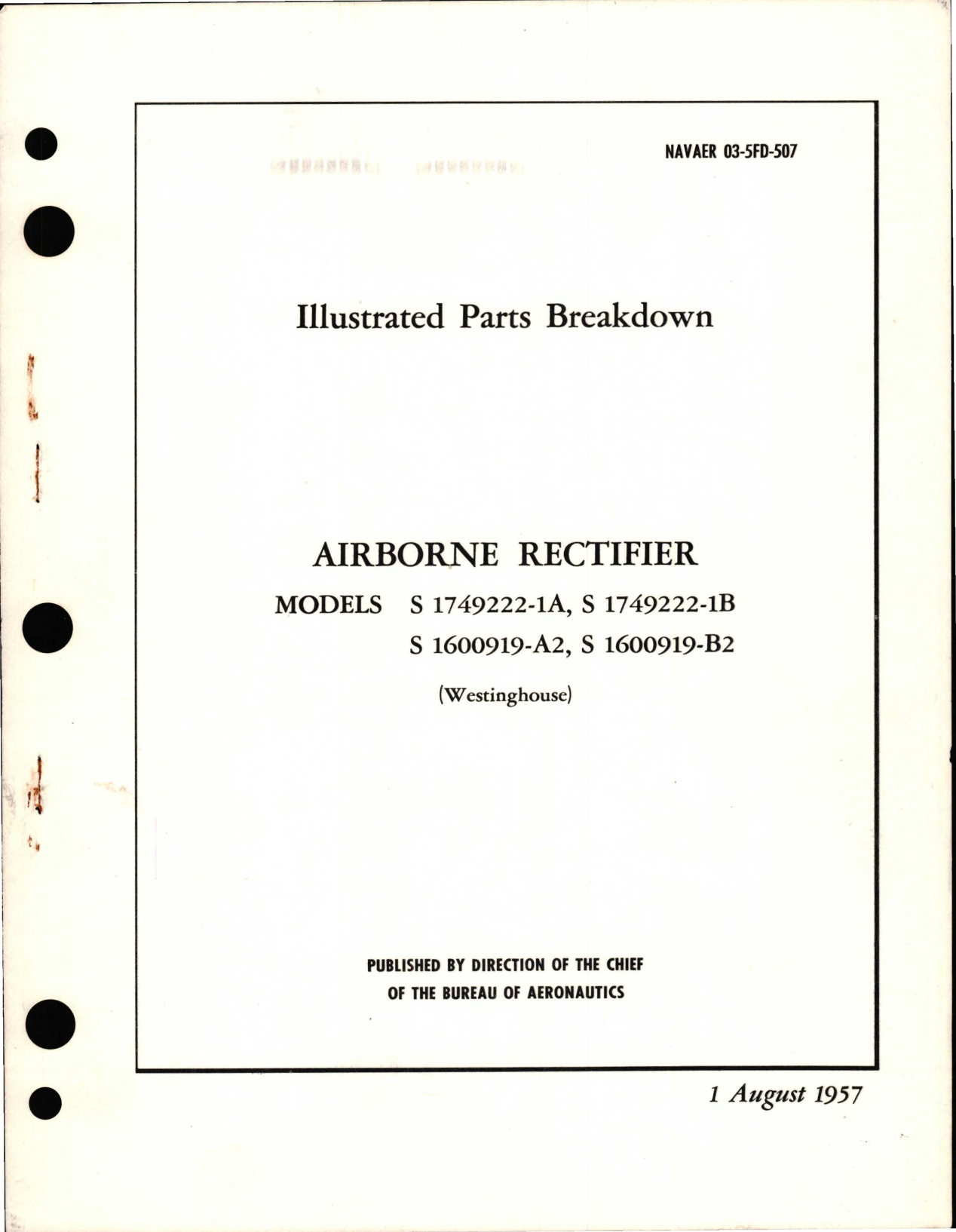 Sample page 1 from AirCorps Library document: Illustrated Parts Breakdown for Airborne Rectifier - Models S 1749222-1A, S 1749222-1B, S 1600919-A2, and S 1600919-B2 