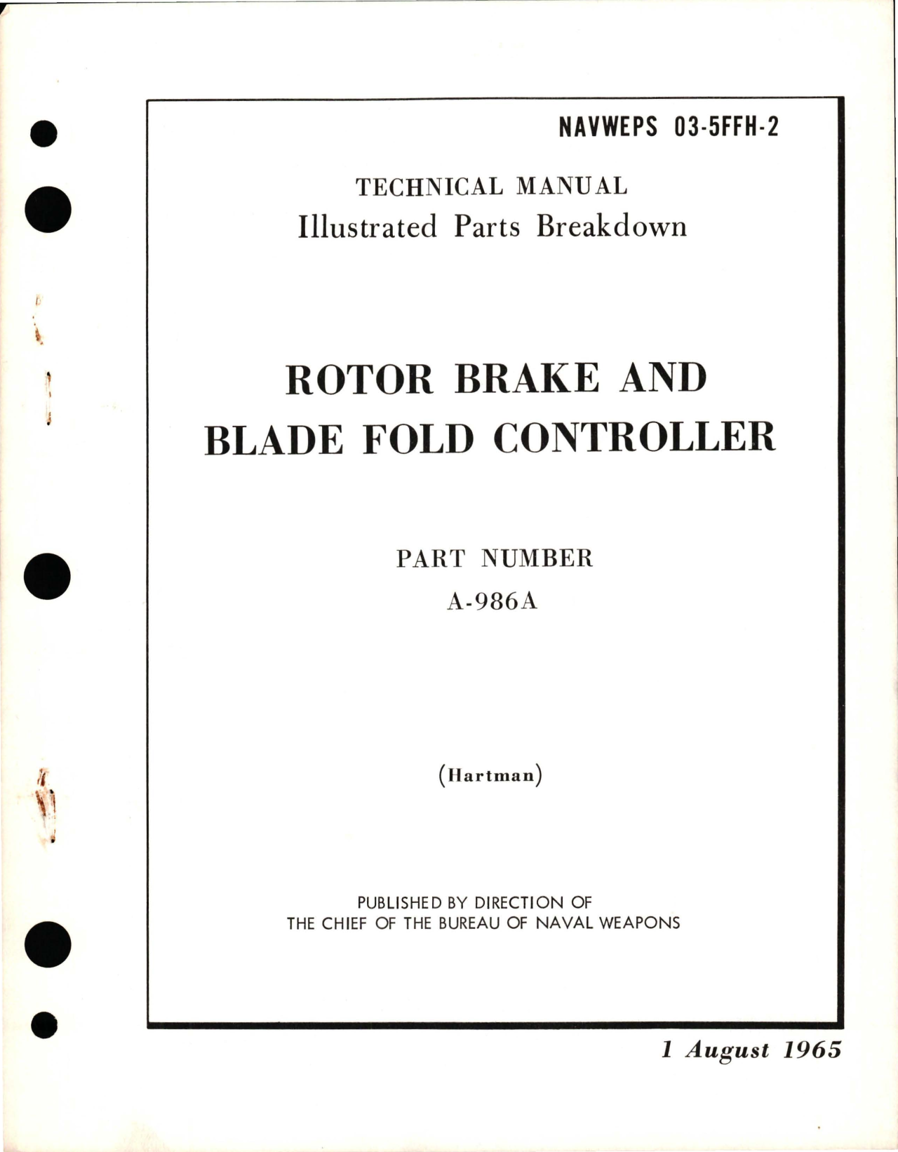 Sample page 1 from AirCorps Library document: Illustrated Parts Breakdown for Rotor Brake and Blade Fold Controller - Part A-986A