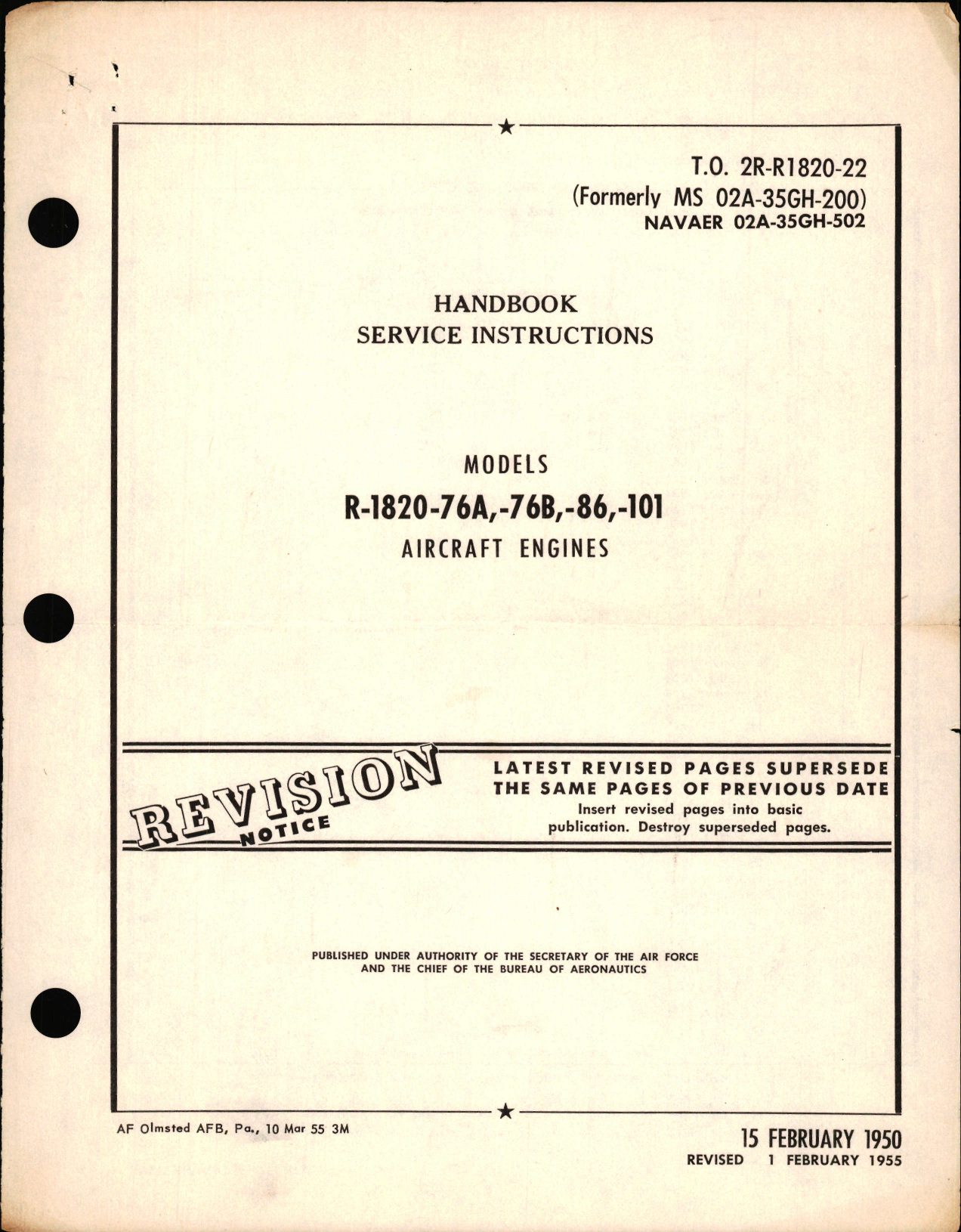 Sample page 1 from AirCorps Library document: Service Instructions for Models R-1820-76A, -76B, -86, -101 Engines